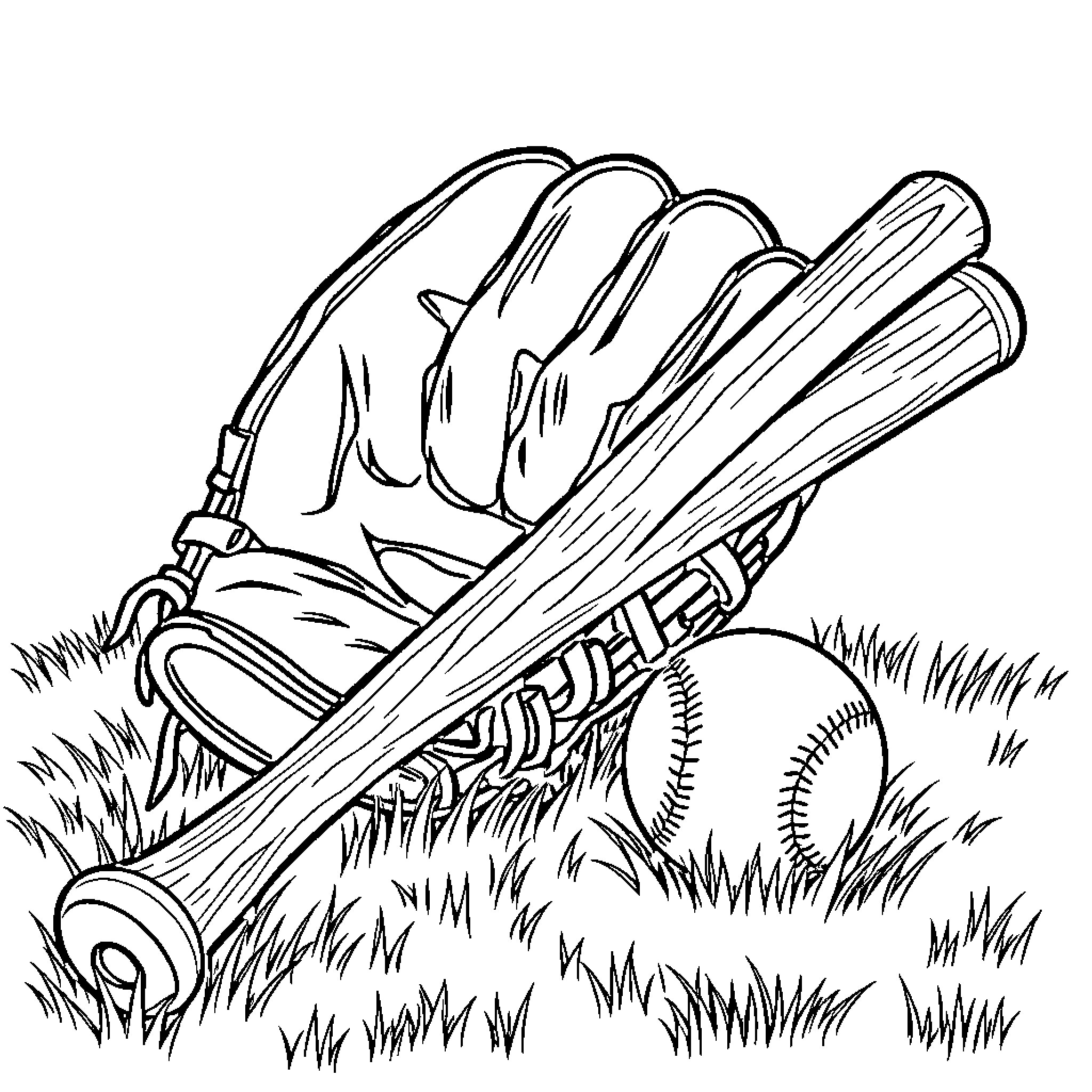Baseball game equipment on the field Coloring Page (free black-and-white line drawing printable PDF for all, from beginners to advanced learners, including children, teens, adults, and seniors)