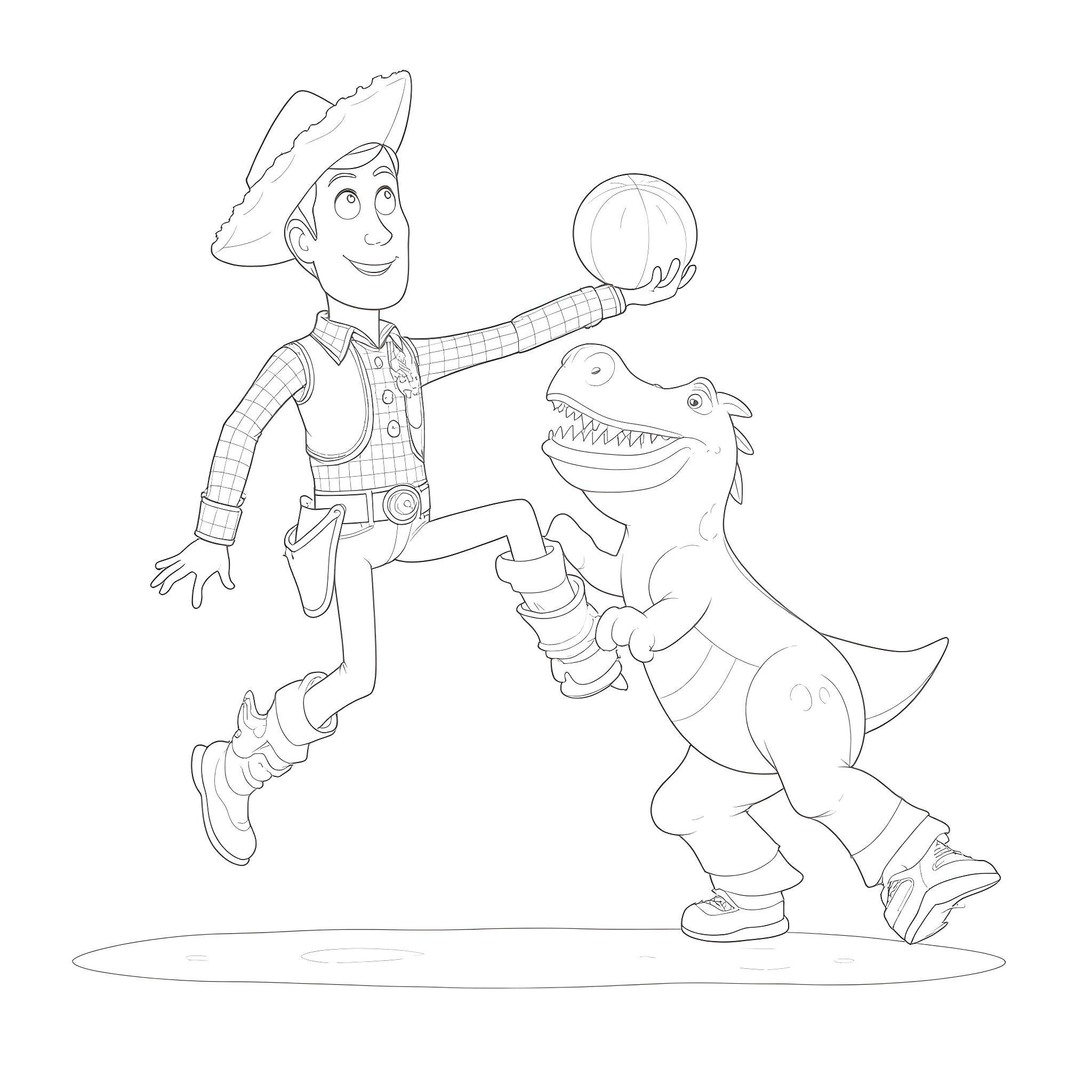 Woody playing with a dinosaur toy Coloring Page (free black-and-white line drawing printable PDF for all, from beginners to advanced learners, including children, teens, adults, and seniors)