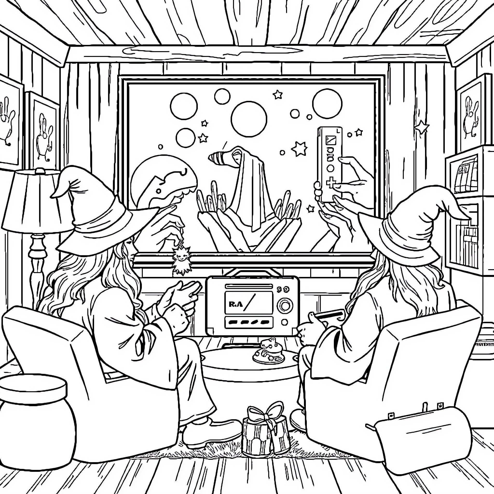 Wizard friends enjoying a magical video game together Coloring Page (free black-and-white line drawing printable PDF for all, from beginners to advanced learners, including children, teens, adults, and seniors)