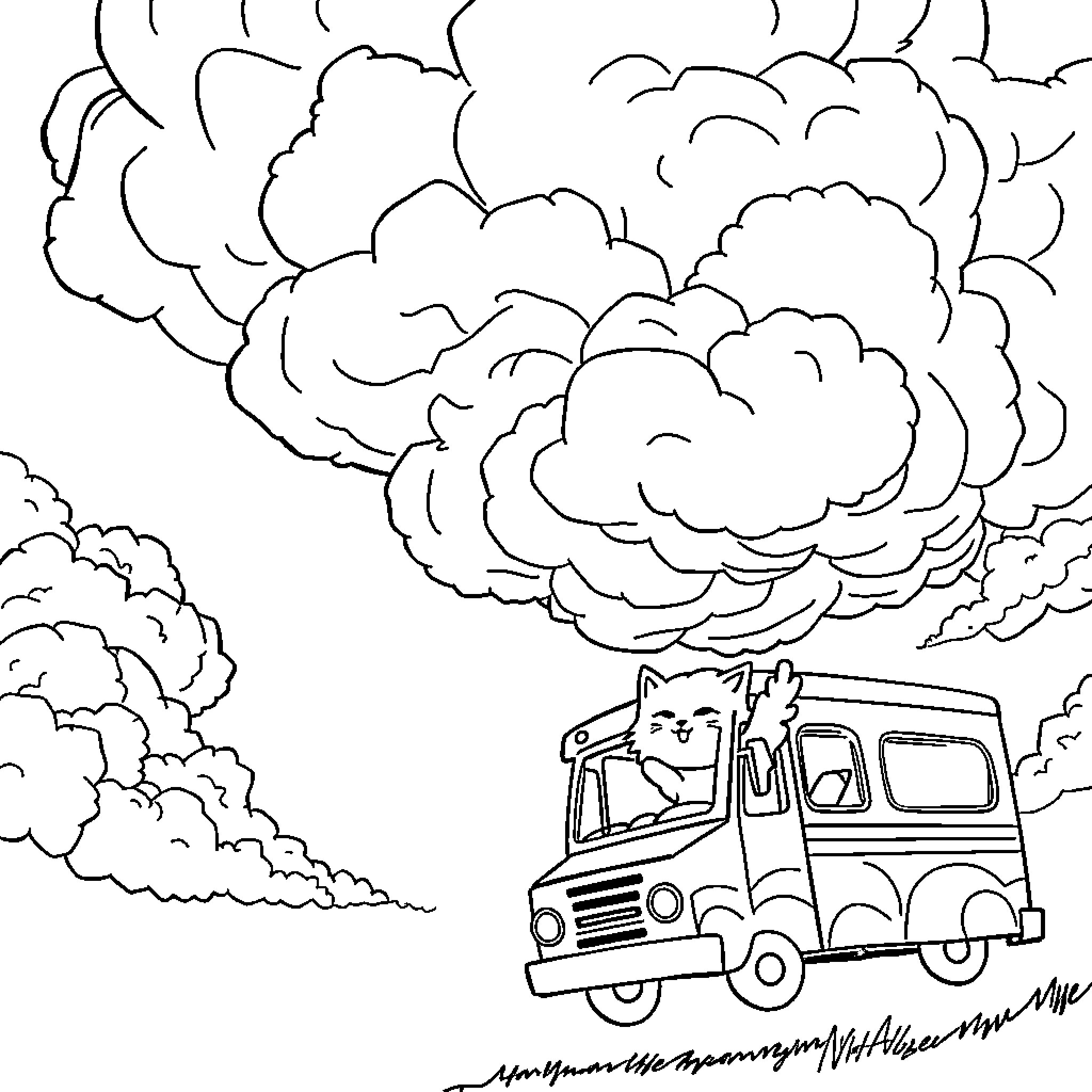 Cat in a truck driving through clouds Coloring Page (free black-and-white line drawing printable PDF for all, from beginners to advanced learners, including children, teens, adults, and seniors)