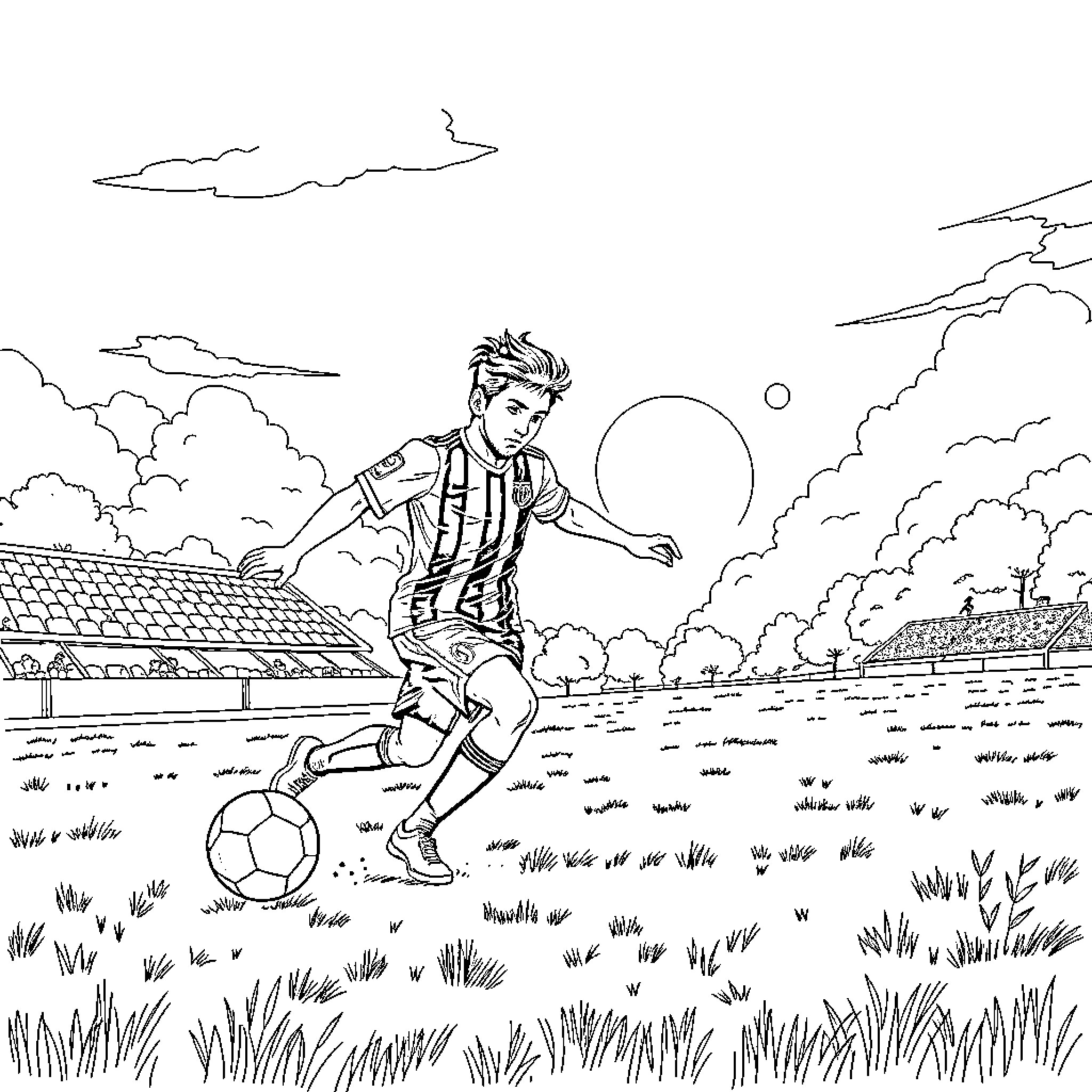 Kuromi enjoying a lively soccer match in the park Coloring Page (free black-and-white line drawing printable PDF for all, from beginners to advanced learners, including children, teens, adults, and seniors)