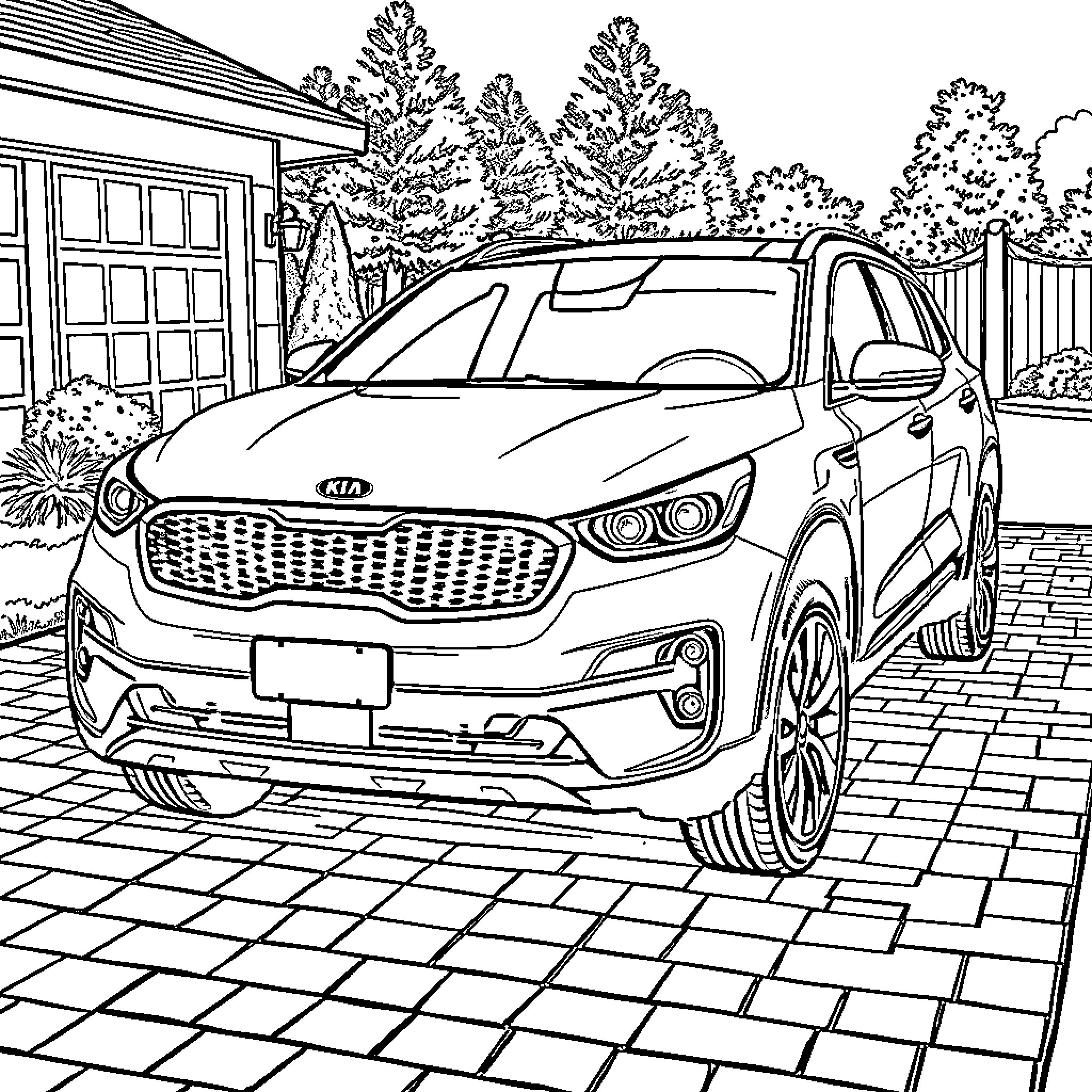 Kia K5 parked in a suburban driveway Coloring Page (free black-and-white line drawing printable PDF for all, from beginners to advanced learners, including children, teens, adults, and seniors)