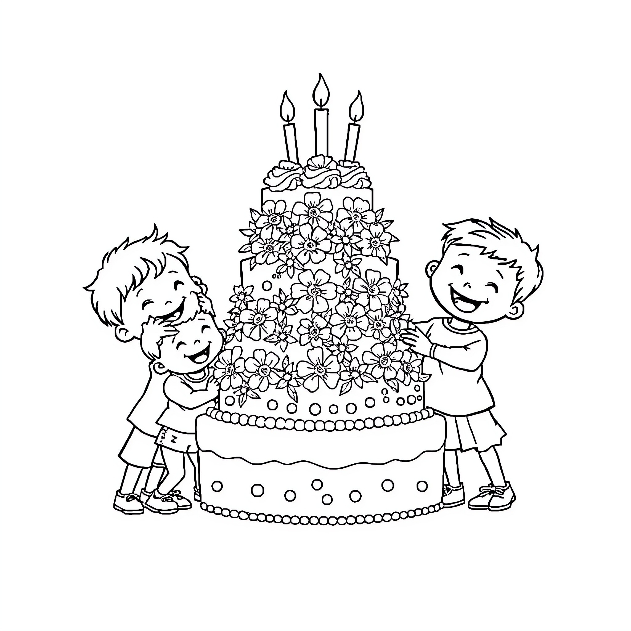 Birthday Cake Decorated with Children and Flowers Coloring Page (free black-and-white line drawing printable PDF for all, from beginners to advanced learners, including children, teens, adults, and seniors)