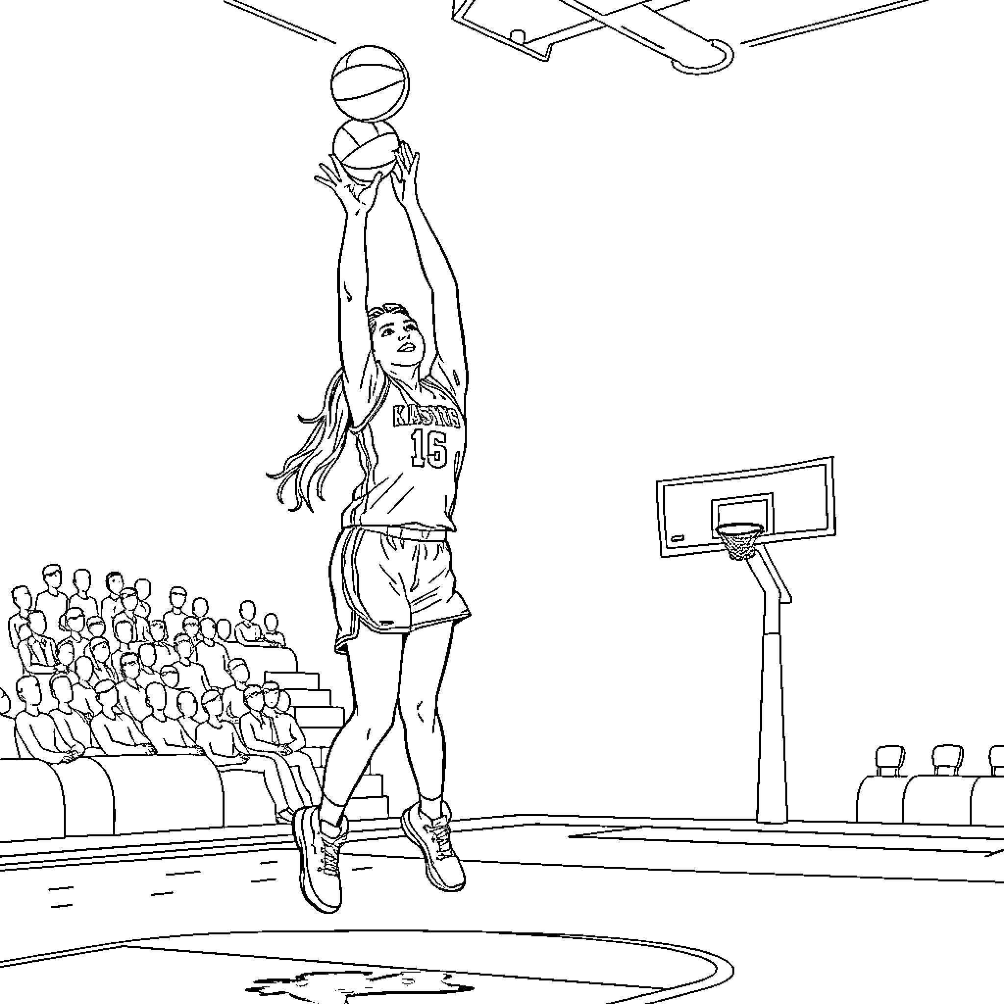 Caitlin Clark in action on the basketball court Coloring Page (free black-and-white line drawing printable PDF for all, from beginners to advanced learners, including children, teens, adults, and seniors)