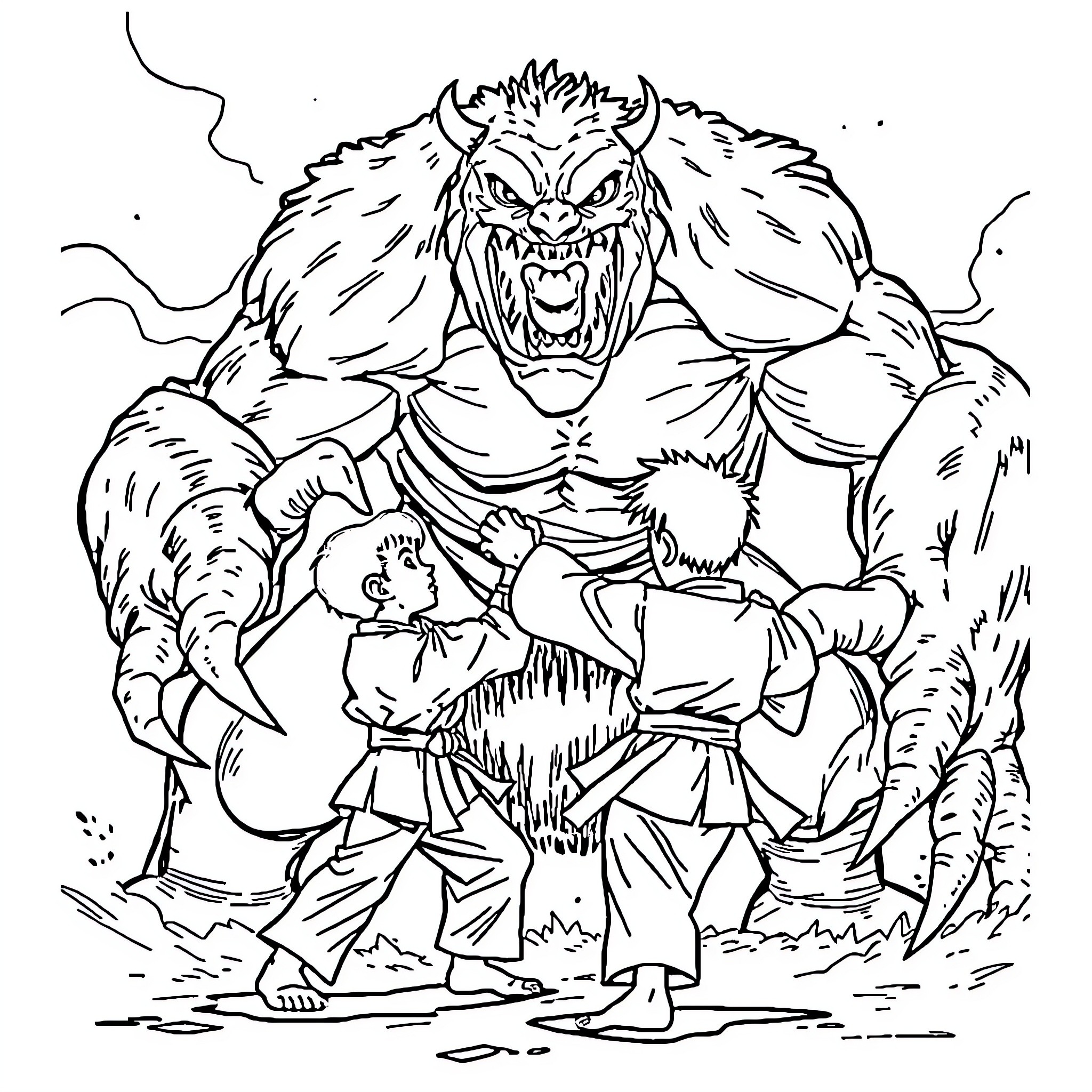Karate Boy battles fierce monster Coloring Page (free black-and-white line drawing printable PDF for all, from beginners to advanced learners, including children, teens, adults, and seniors)