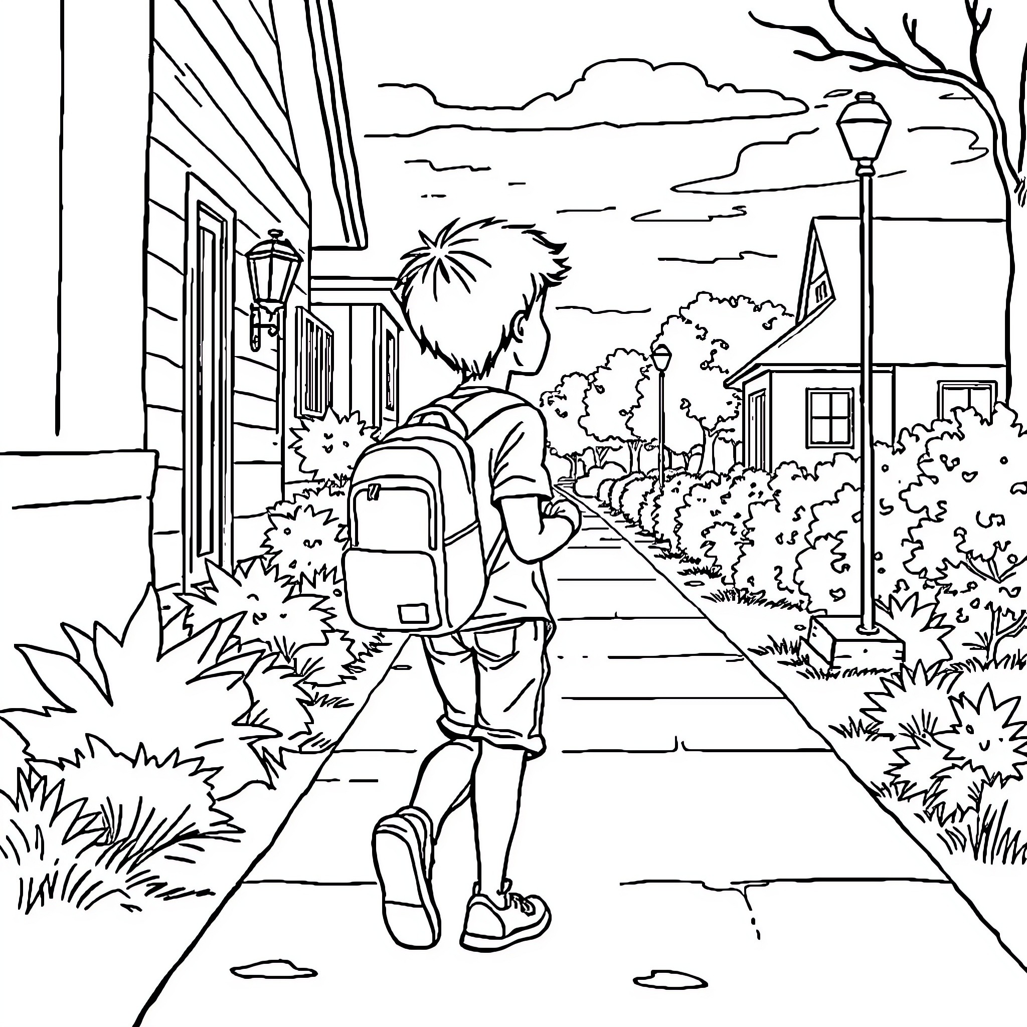 Boy walking on path with backpack in scenic town Coloring Page (free black-and-white line drawing printable PDF for all, from beginners to advanced learners, including children, teens, adults, and seniors)
