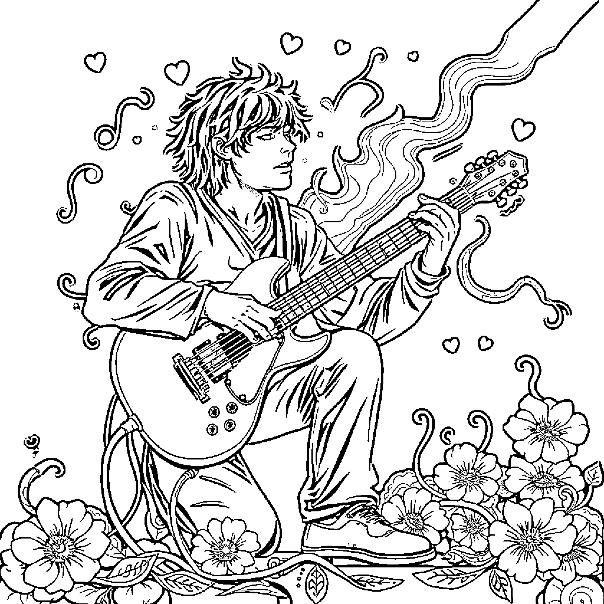 Emo musician playing guitar amidst nature Coloring Page (free black-and-white line drawing printable PDF for all, from beginners to advanced learners, including children, teens, adults, and seniors)