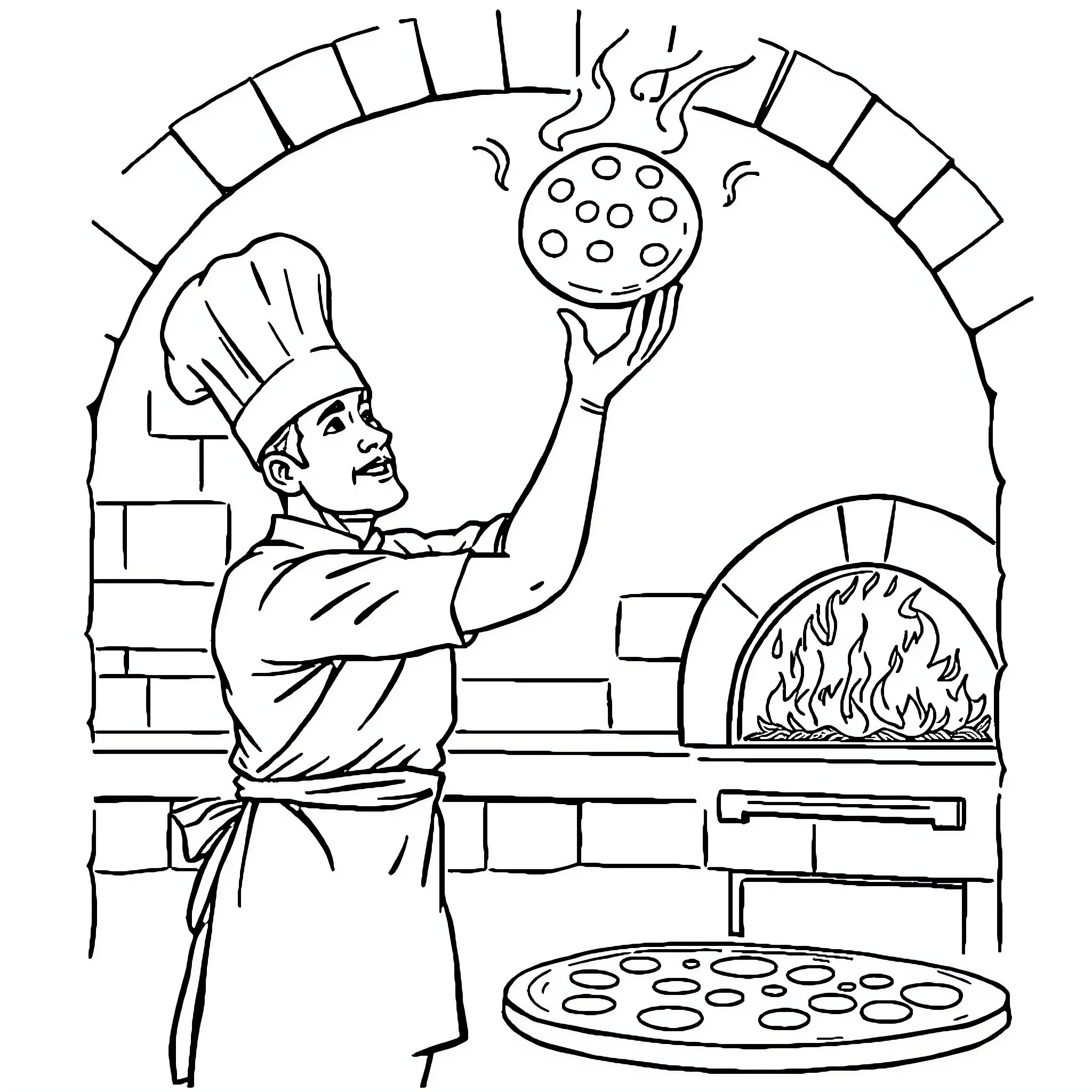 Pizza Chef preparing delicious pizza in a brick oven Coloring Page (free black-and-white line drawing printable PDF for all, from beginners to advanced learners, including children, teens, adults, and seniors)