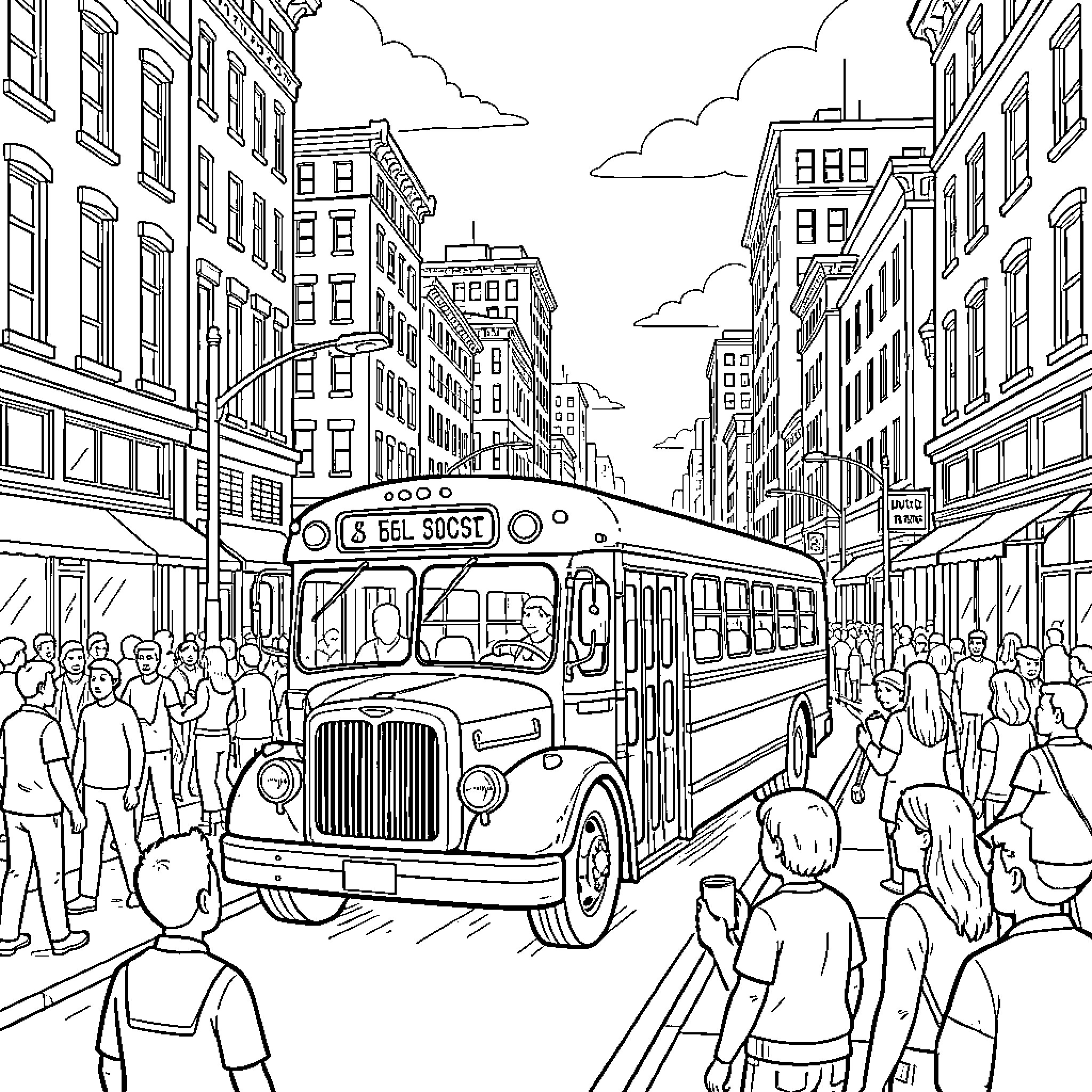 Bus driving through a crowded city street Coloring Page (free black-and-white line drawing printable PDF for all, from beginners to advanced learners, including children, teens, adults, and seniors)