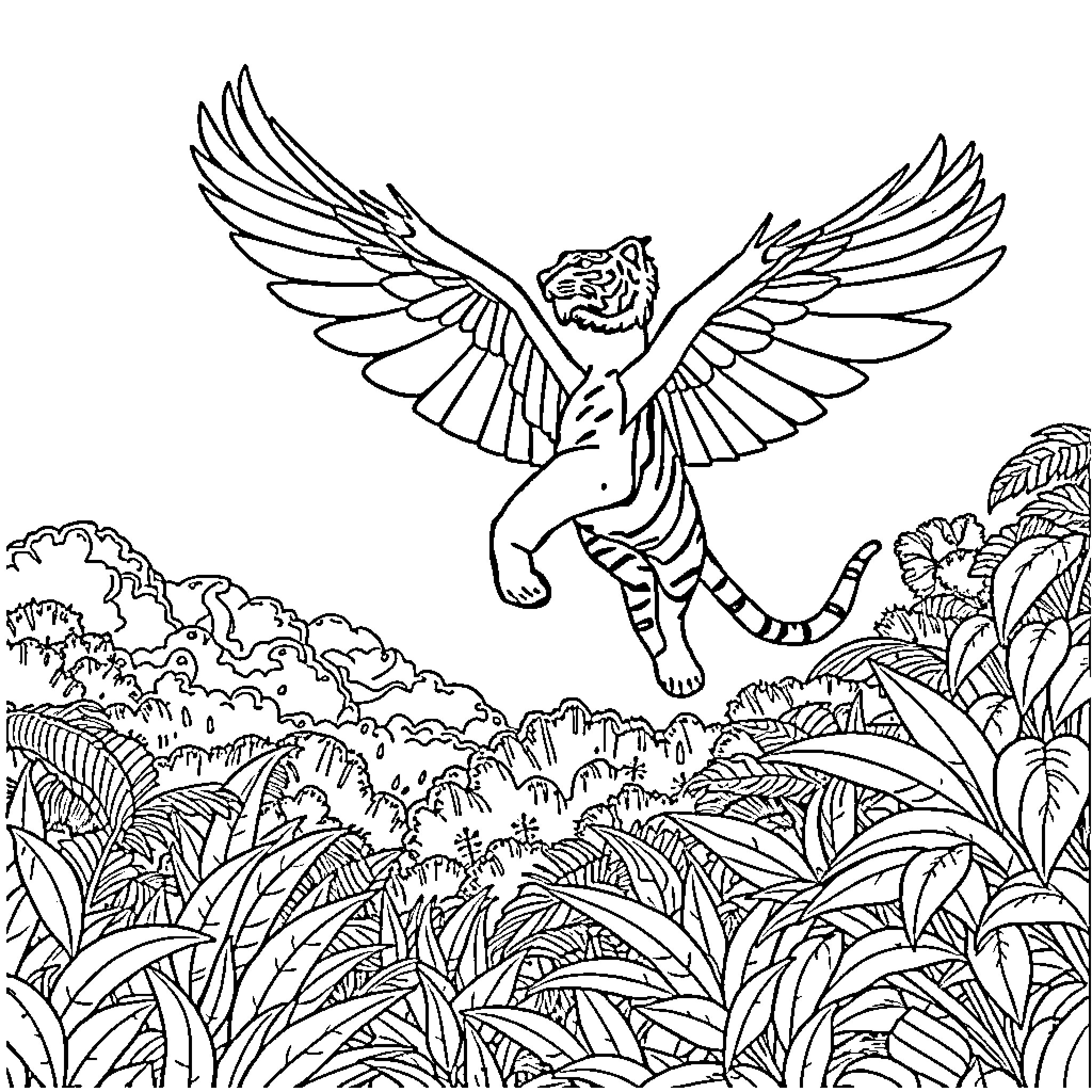 Tiger Soaring in a Lush Jungle Landscape Coloring Page (free black-and-white line drawing printable PDF for all, from beginners to advanced learners, including children, teens, adults, and seniors)