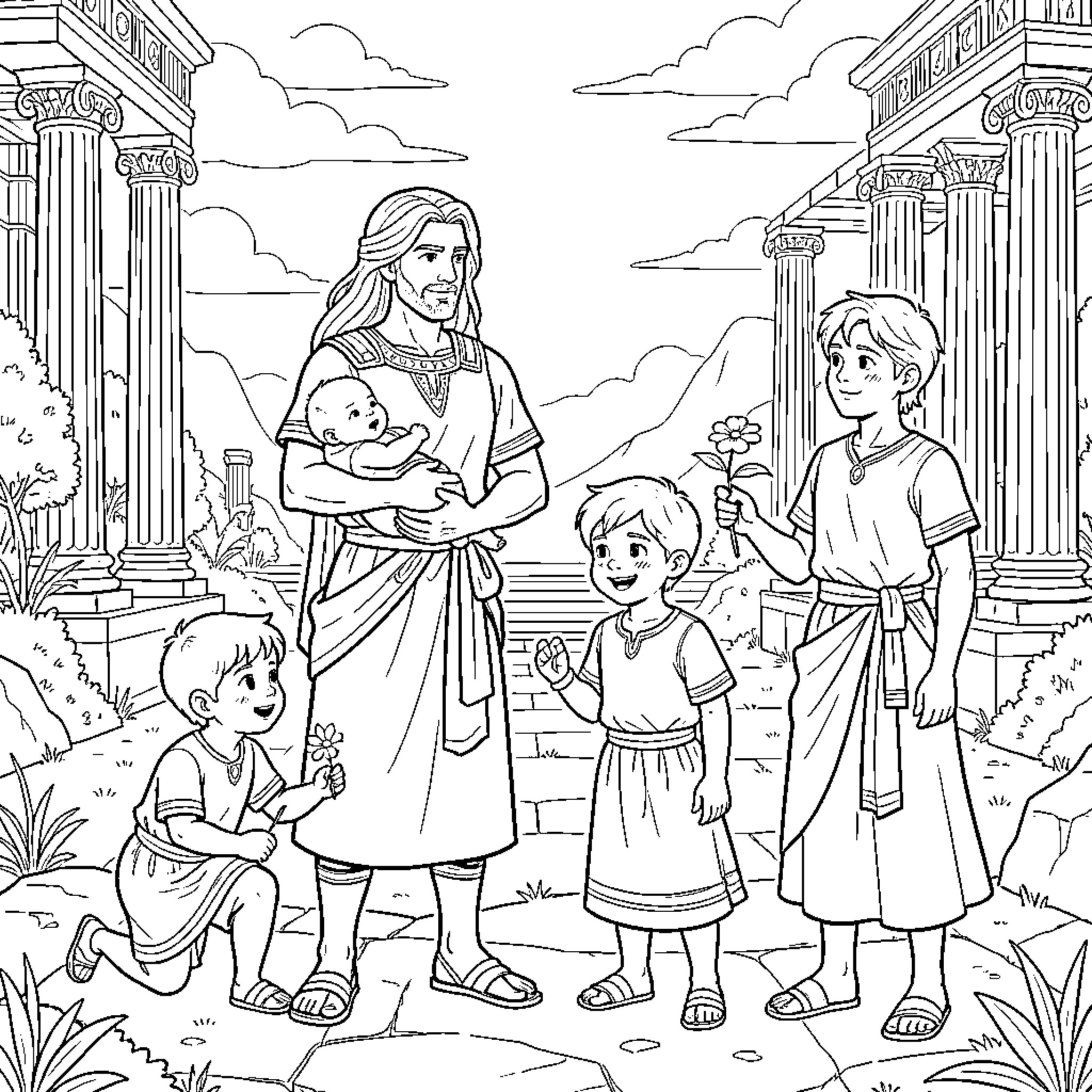 Percy Jackson holding a baby amidst ancient columns Coloring Page (free black-and-white line drawing printable PDF for all, from beginners to advanced learners, including children, teens, adults, and seniors)