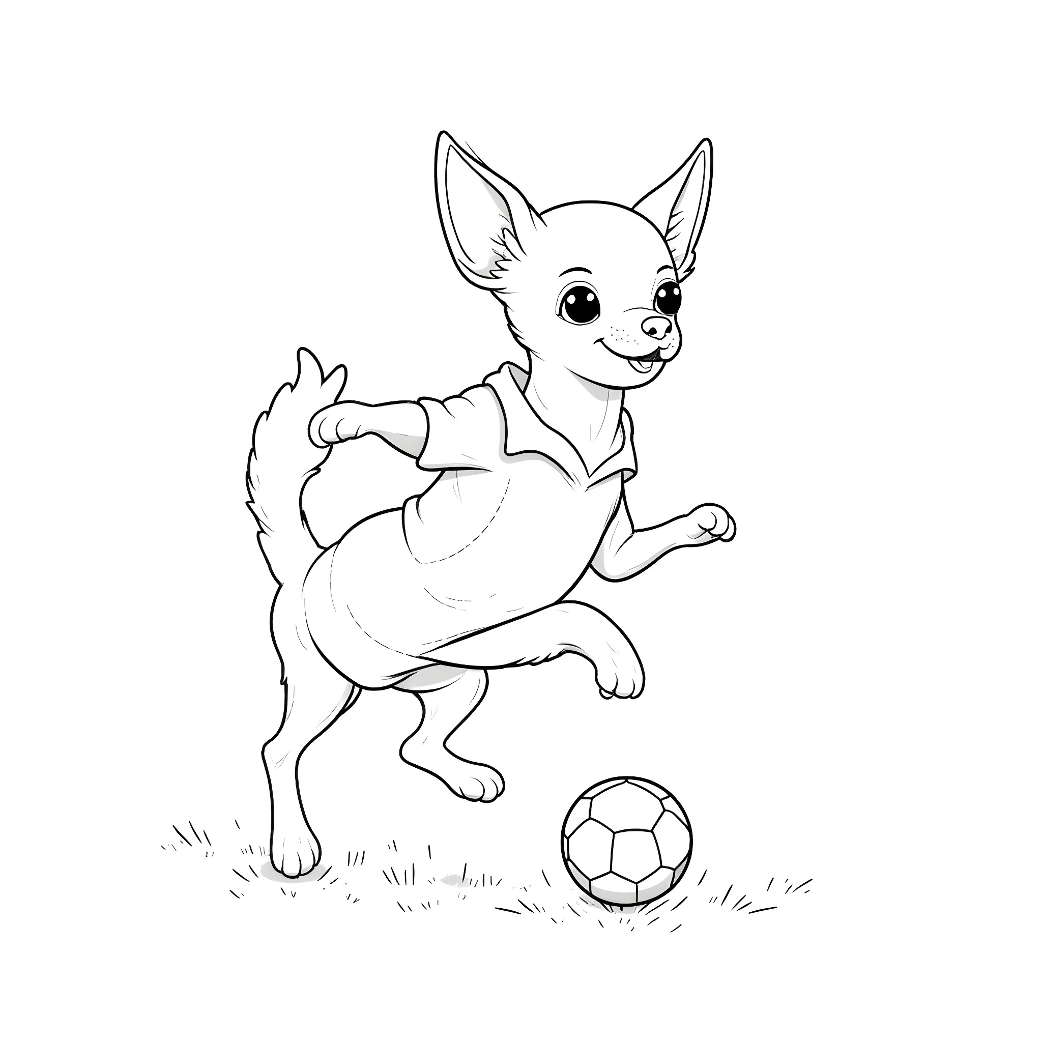 Chihuahua playing happily with soccer ball Coloring Page (free black-and-white line drawing printable PDF for all, from beginners to advanced learners, including children, teens, adults, and seniors)