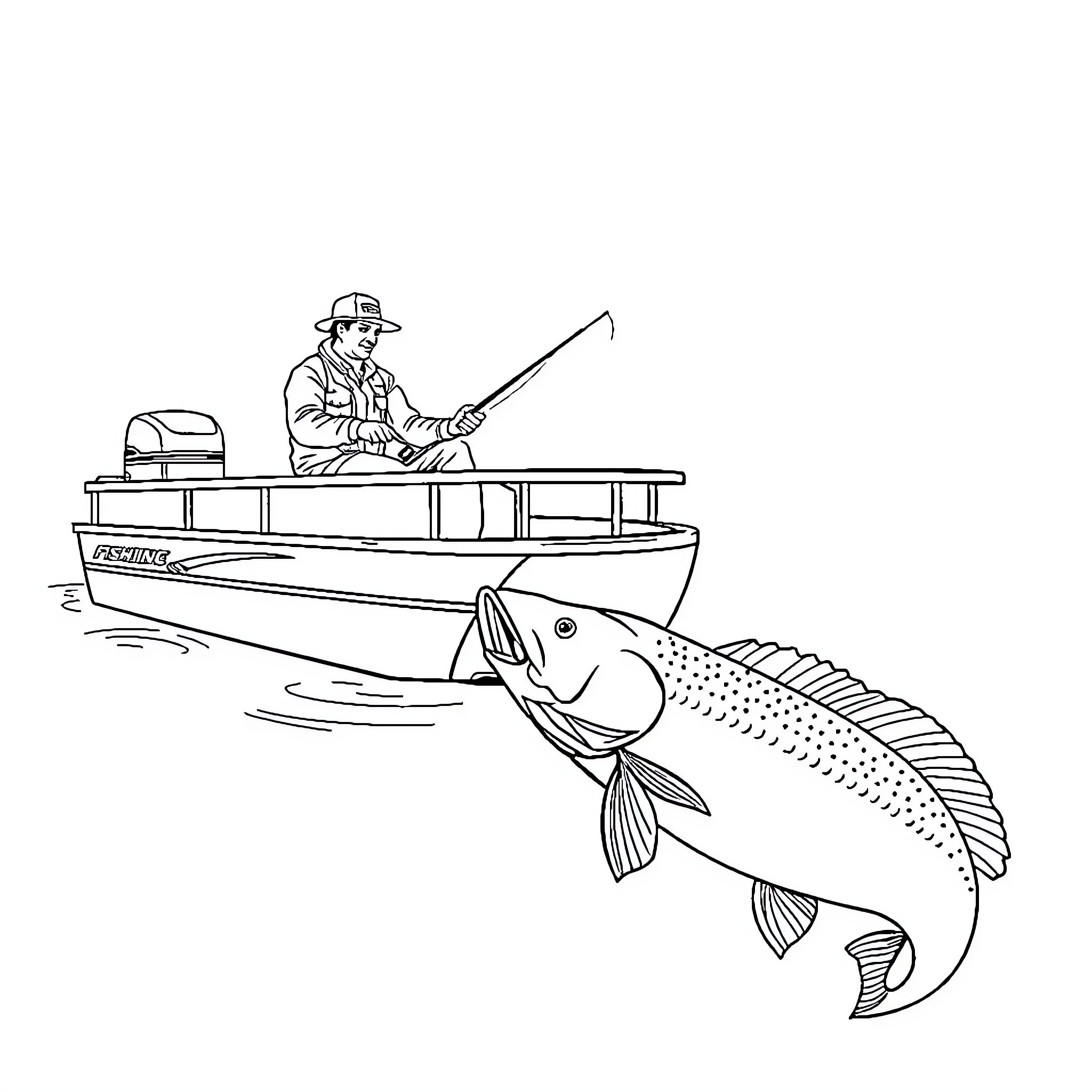 Fisherman casting his line from a boat Coloring Page (free black-and-white line drawing printable PDF for all, from beginners to advanced learners, including children, teens, adults, and seniors)