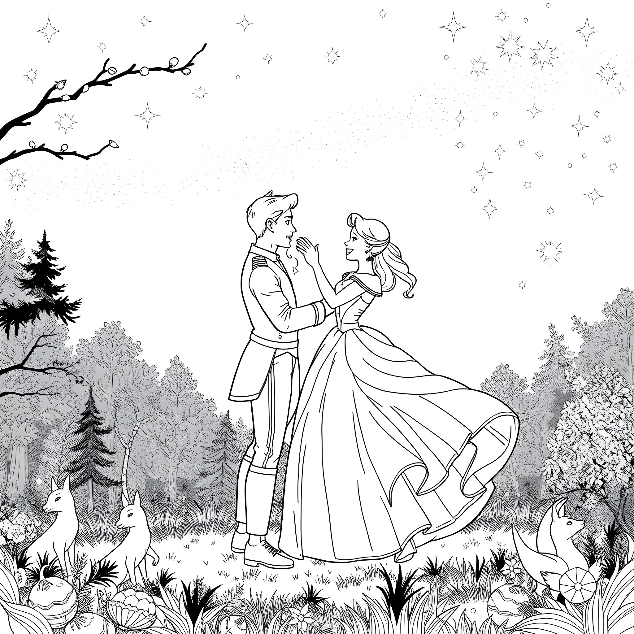 Cinderella and Prince Charming dancing in a magical forest Coloring Page (free black-and-white line drawing printable PDF for all, from beginners to advanced learners, including children, teens, adults, and seniors)