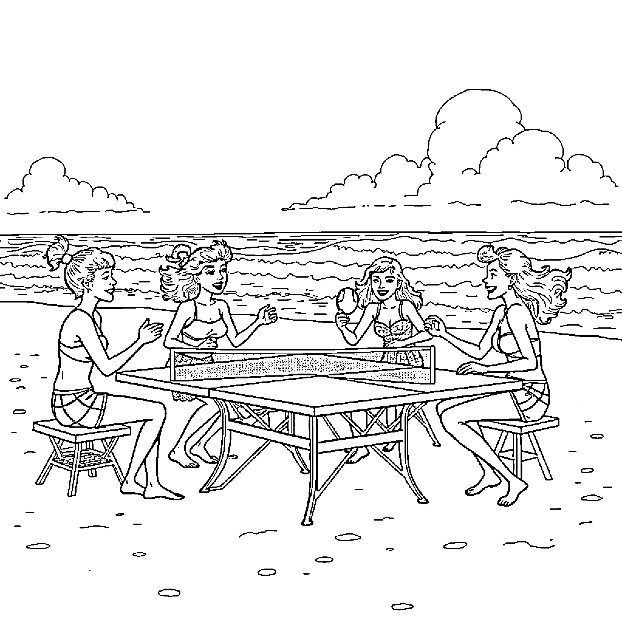 Belly Conklin and friends enjoying beach time Coloring Page (free black-and-white line drawing printable PDF for all, from beginners to advanced learners, including children, teens, adults, and seniors)