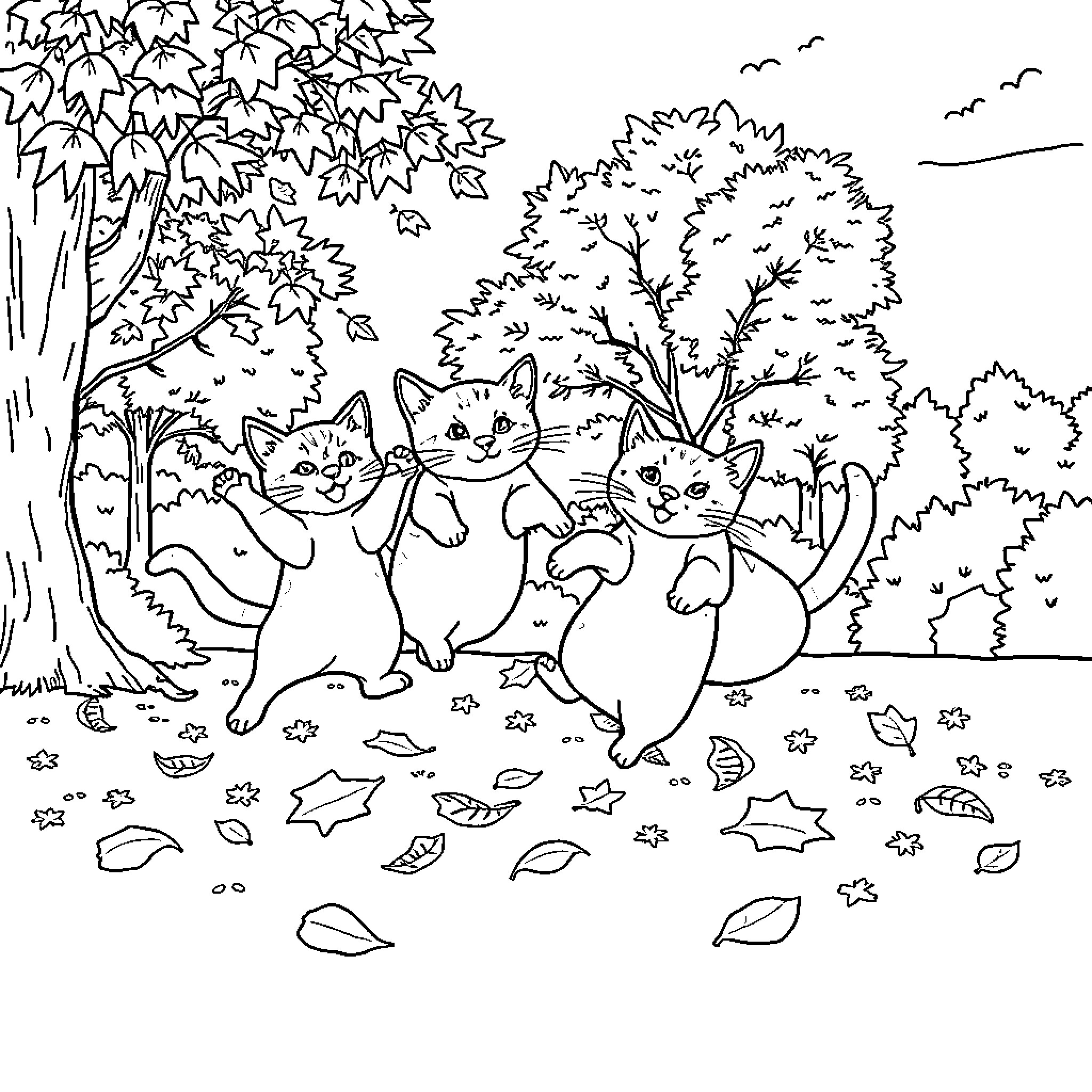 Cats frolicking among autumn leaves Coloring Page (free black-and-white line drawing printable PDF for all, from beginners to advanced learners, including children, teens, adults, and seniors)