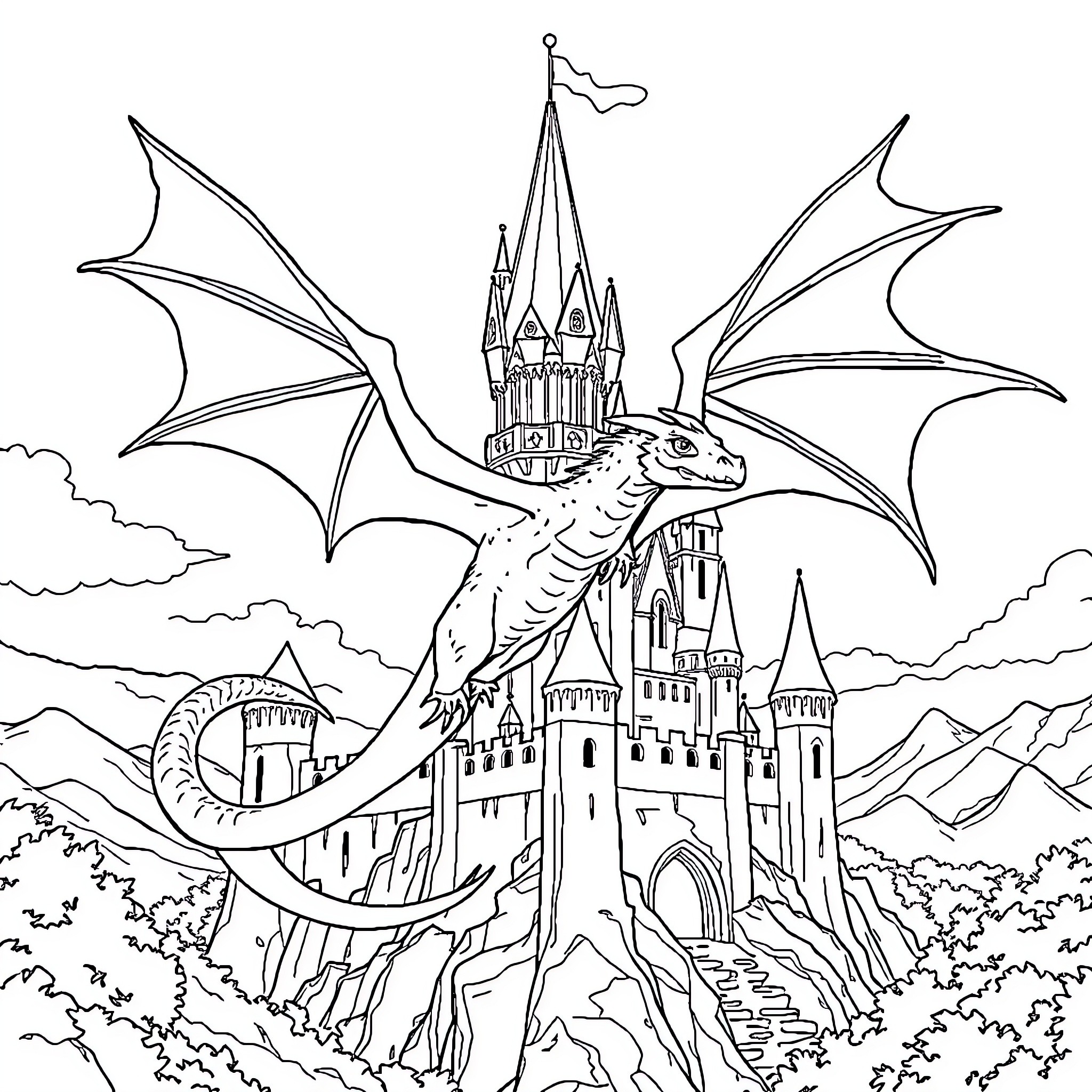 Dragon guarding a magical castle in the clouds Coloring Page (free black-and-white line drawing printable PDF for all, from beginners to advanced learners, including children, teens, adults, and seniors)