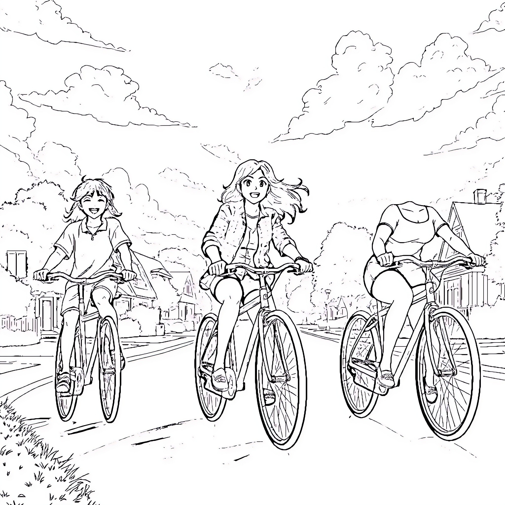 Friends enjoying a bike ride on a sunny day Coloring Page (free black-and-white line drawing printable PDF for all, from beginners to advanced learners, including children, teens, adults, and seniors)