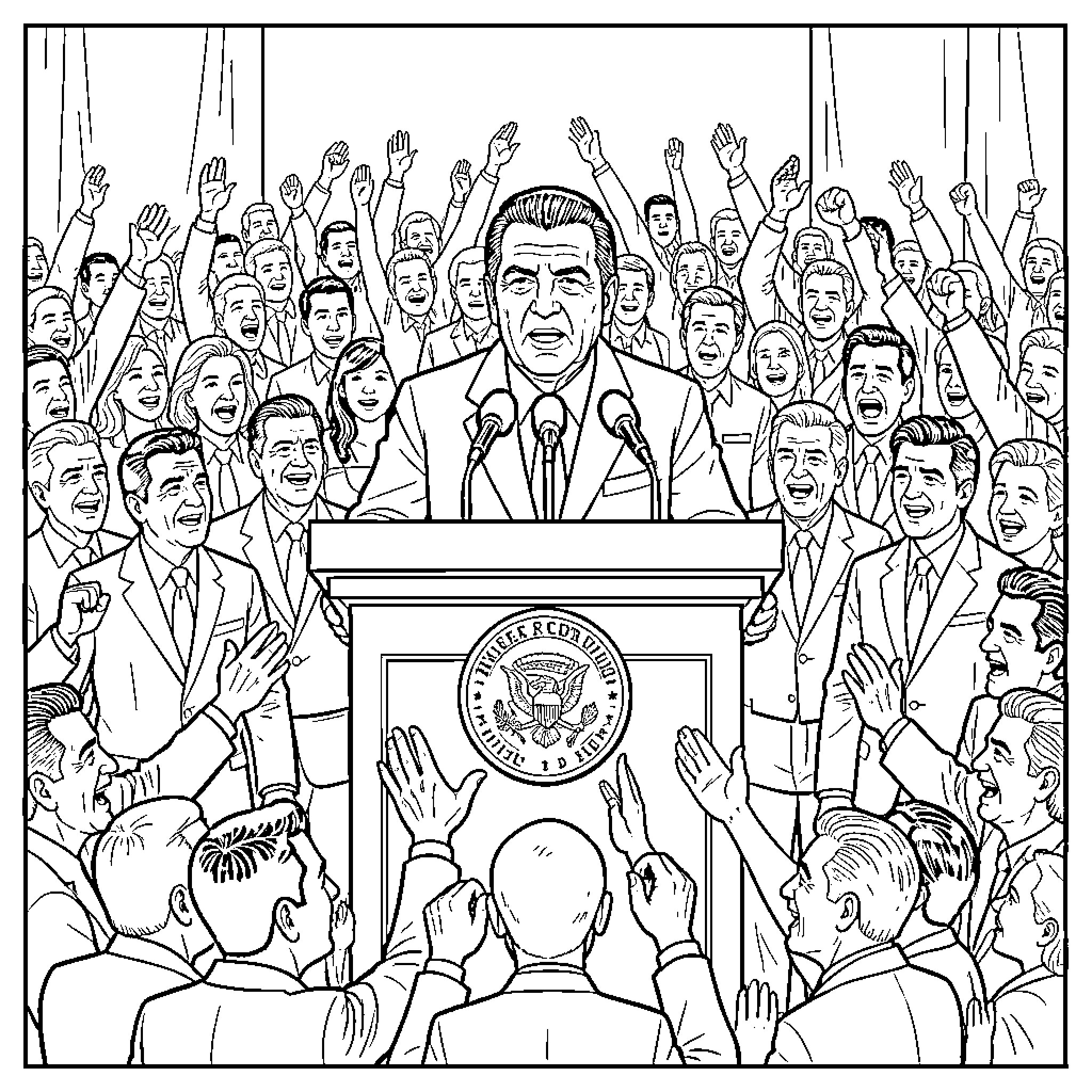 Fidel Castro giving a speech to a cheering crowd Coloring Page (free black-and-white line drawing printable PDF for all, from beginners to advanced learners, including children, teens, adults, and seniors)