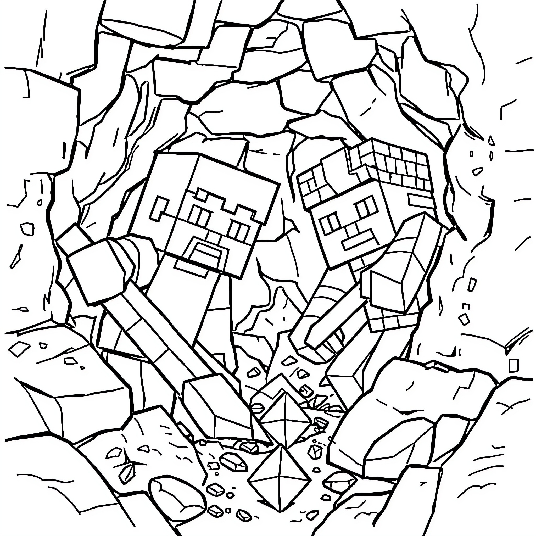 Steve's Minecraft Adventure in the Blocky Landscape Coloring Page (free black-and-white line drawing printable PDF for all, from beginners to advanced learners, including children, teens, adults, and seniors)