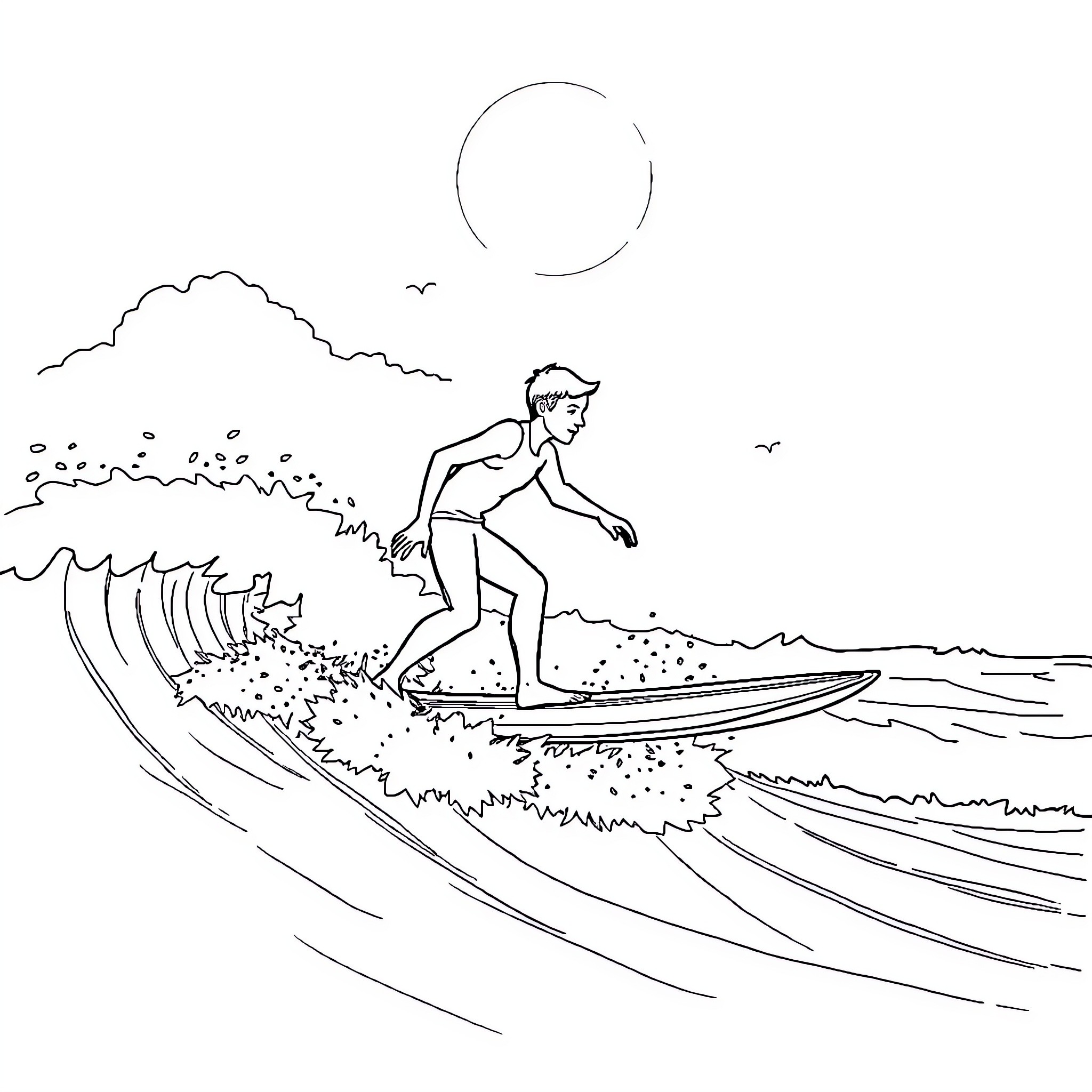 Bluey surfing on the waves Coloring Page (free black-and-white line drawing printable PDF for all, from beginners to advanced learners, including children, teens, adults, and seniors)