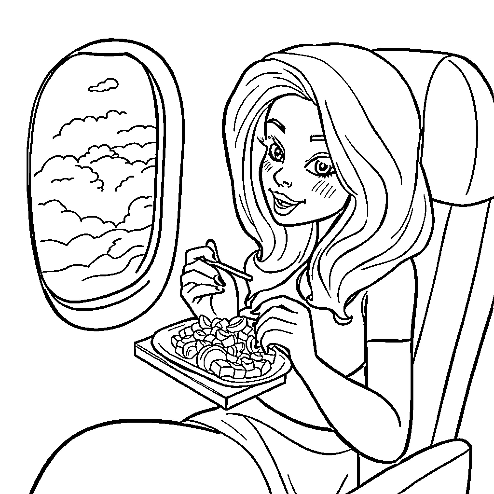 Foodie Enjoying Meal in Airplane Window Seat Coloring Page (free black-and-white line drawing printable PDF for all, from beginners to advanced learners, including children, teens, adults, and seniors)