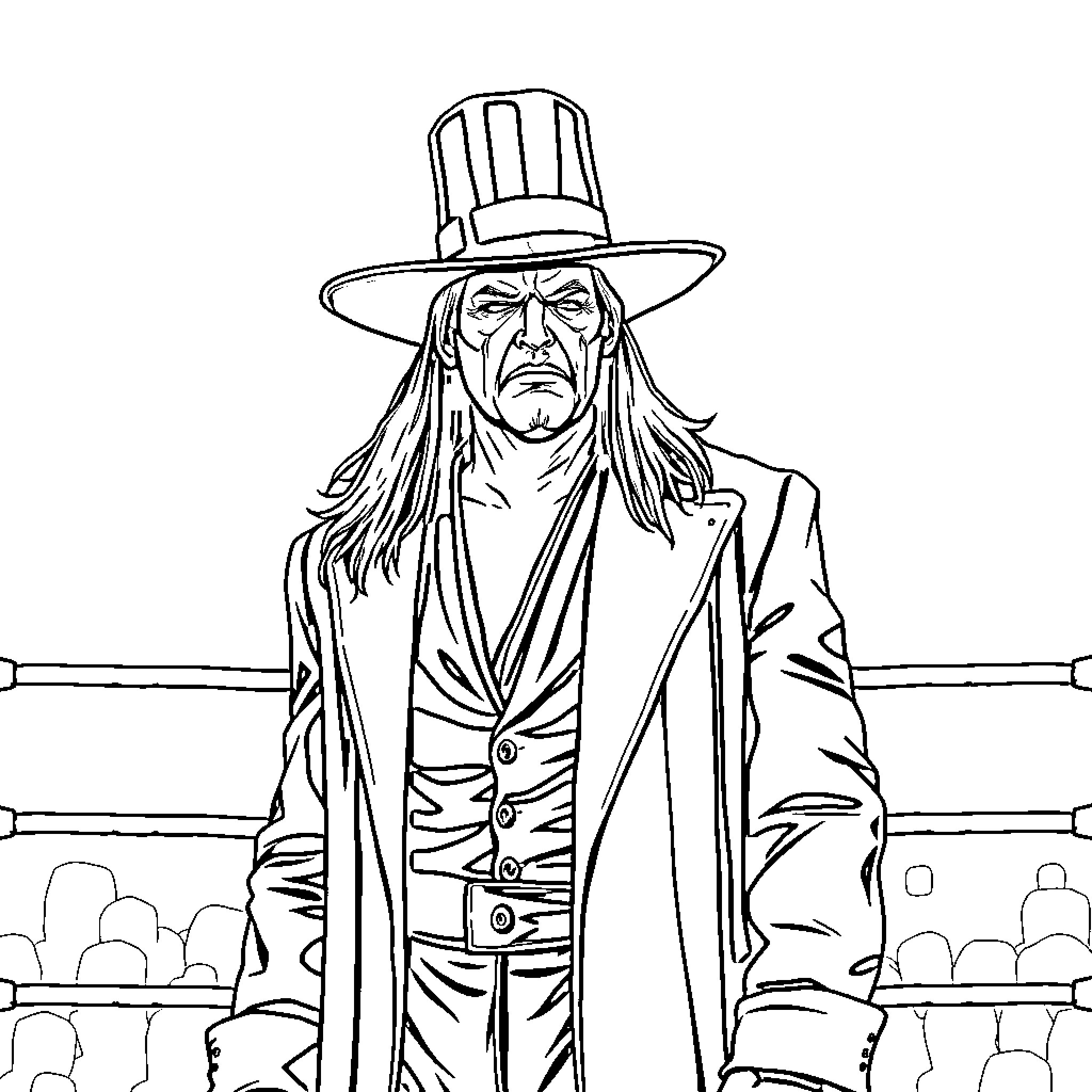 Undertaker Stands Tall in the Ring Coloring Page (free black-and-white line drawing printable PDF for all, from beginners to advanced learners, including children, teens, adults, and seniors)