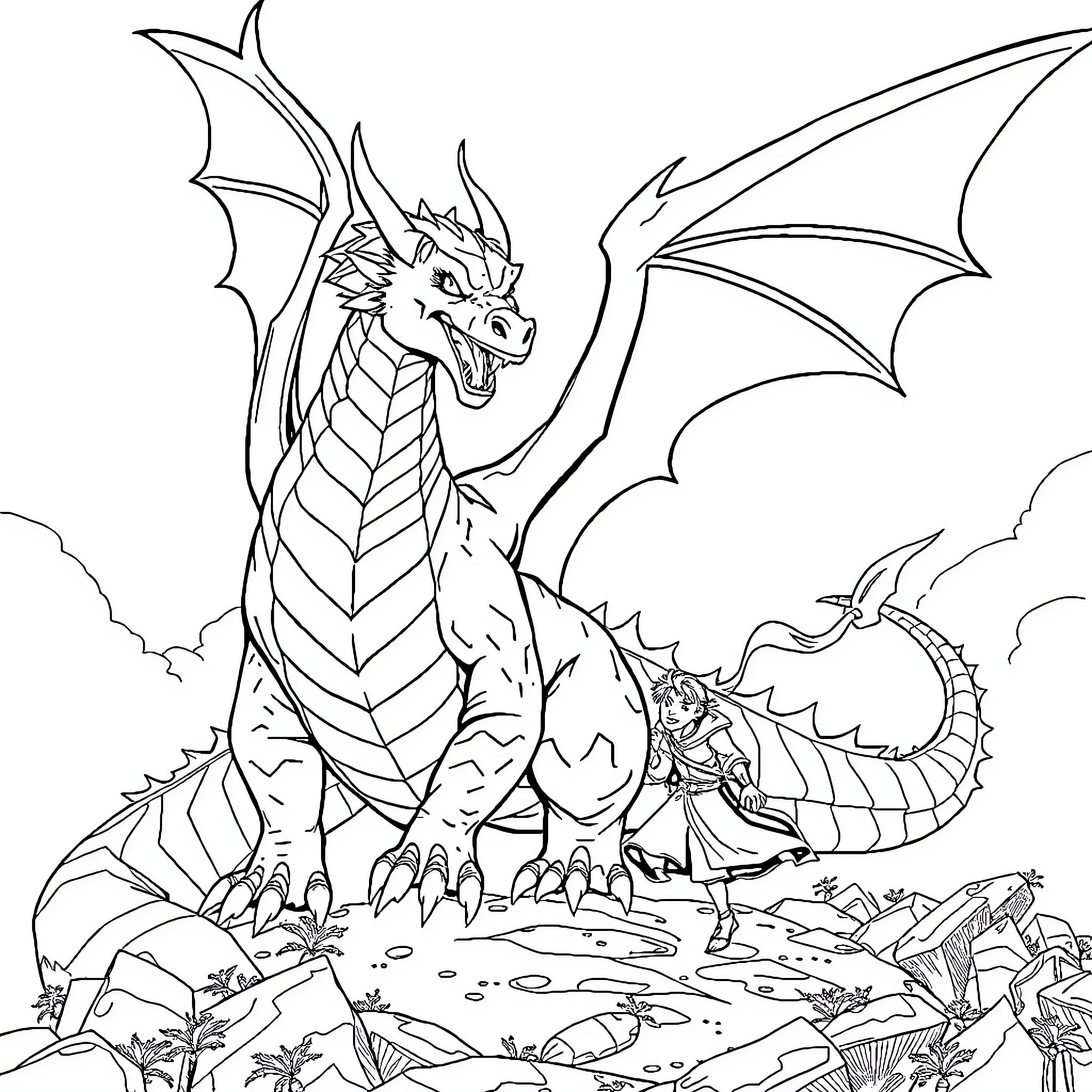 Dragon protecting its treasure in a magical forest Coloring Page (free black-and-white line drawing printable PDF for all, from beginners to advanced learners, including children, teens, adults, and seniors)