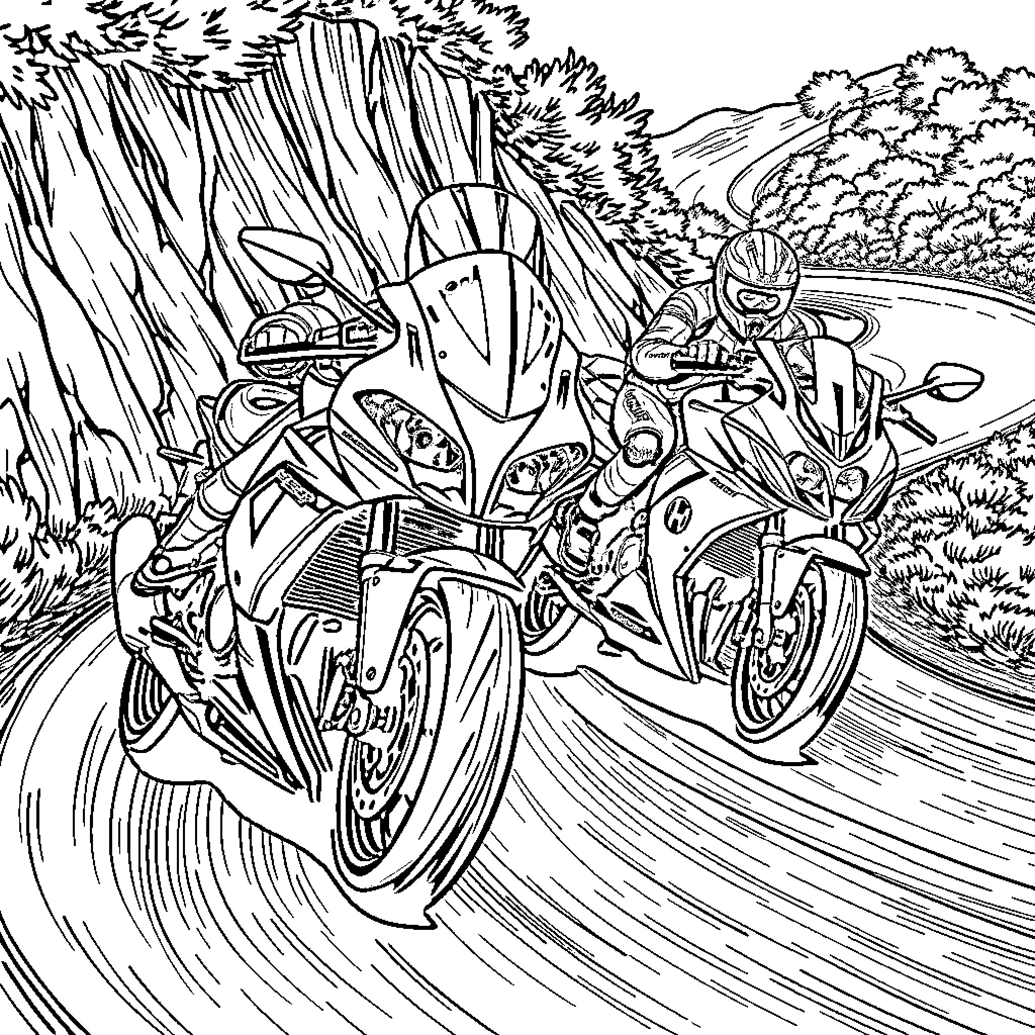 Motorcycle riders speeding through winding road Coloring Page (free black-and-white line drawing printable PDF for all, from beginners to advanced learners, including children, teens, adults, and seniors)