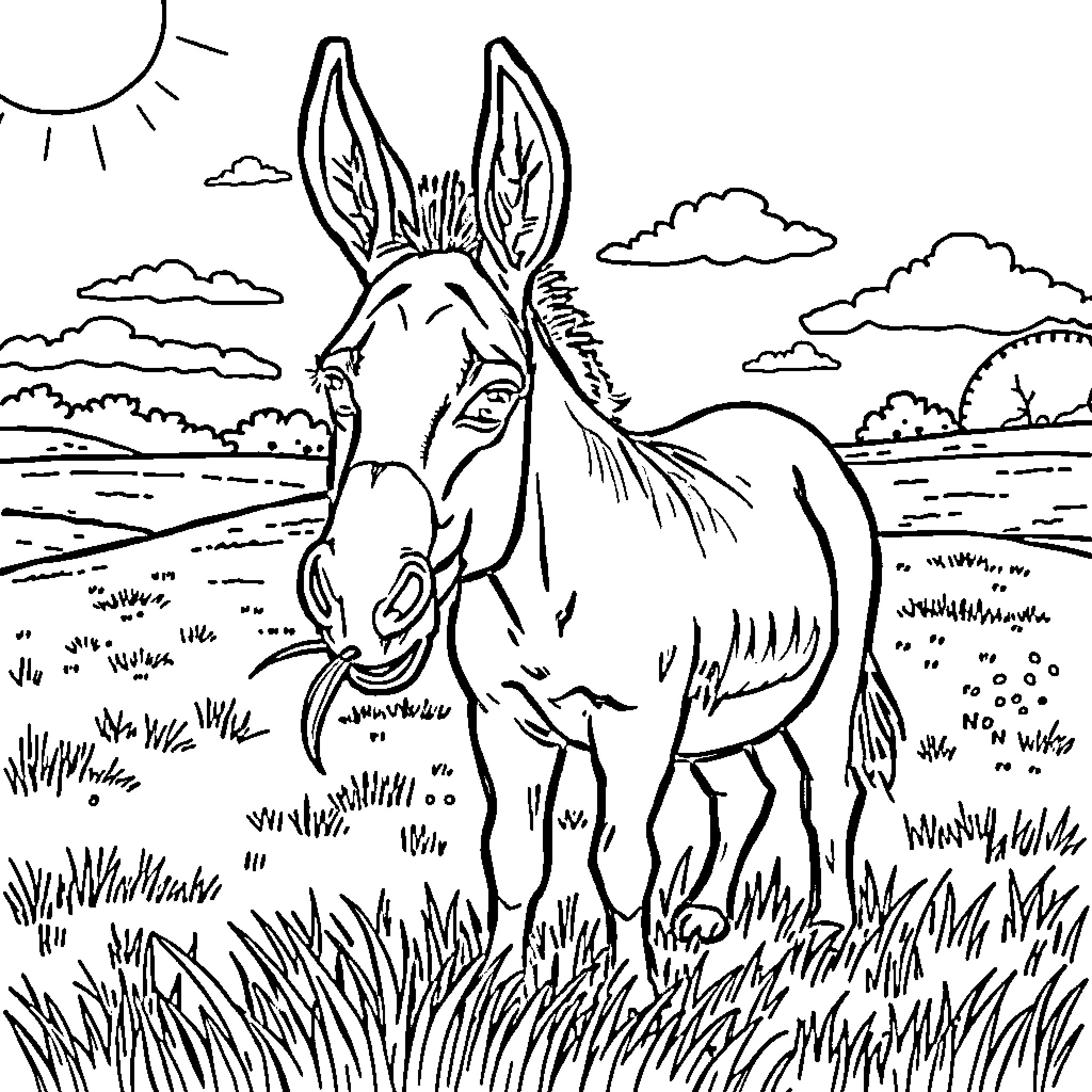 Donkey standing in a scenic countryside landscape Coloring Page (free black-and-white line drawing printable PDF for all, from beginners to advanced learners, including children, teens, adults, and seniors)