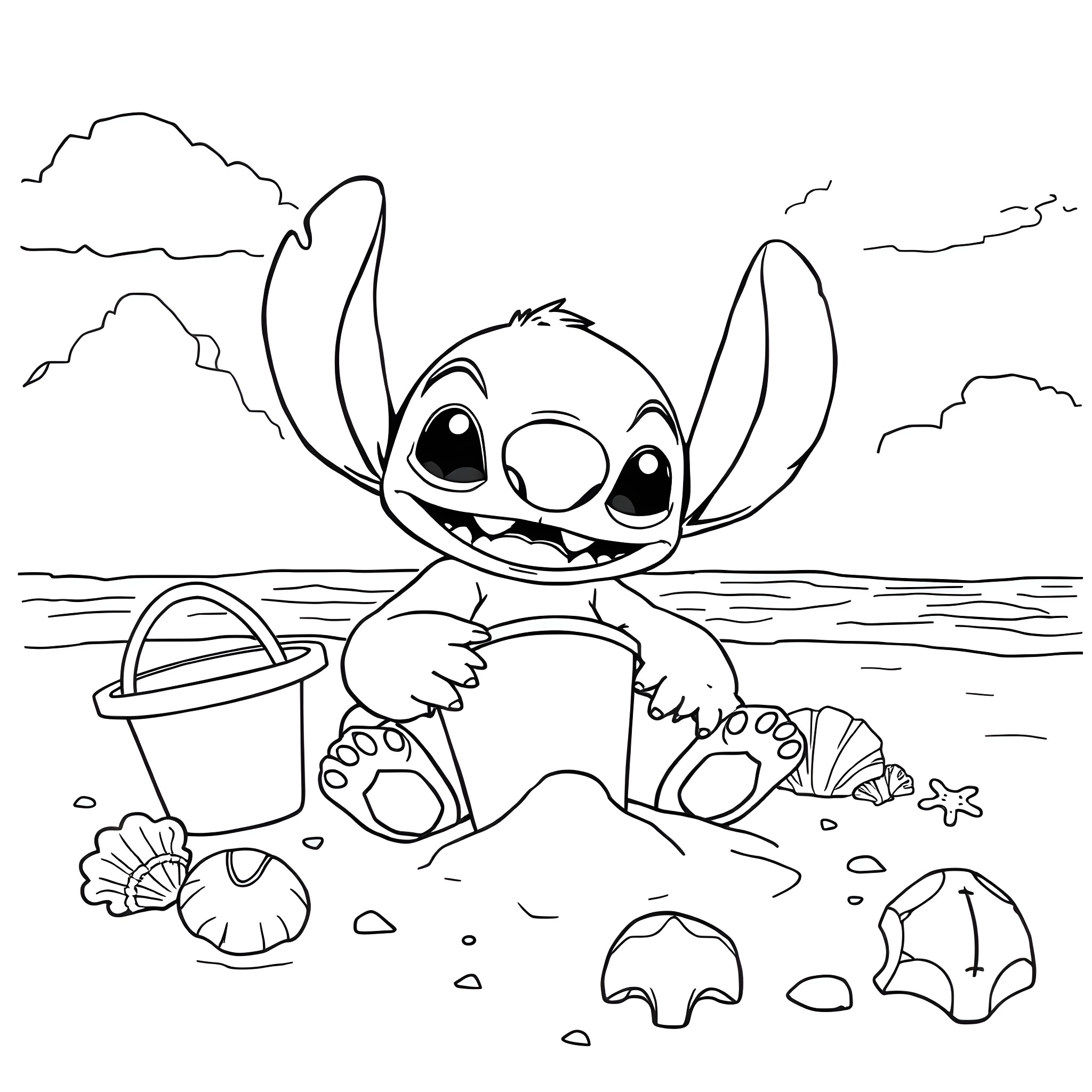 Stitch enjoying a day at the beach Coloring Page (free black-and-white line drawing printable PDF for all, from beginners to advanced learners, including children, teens, adults, and seniors)