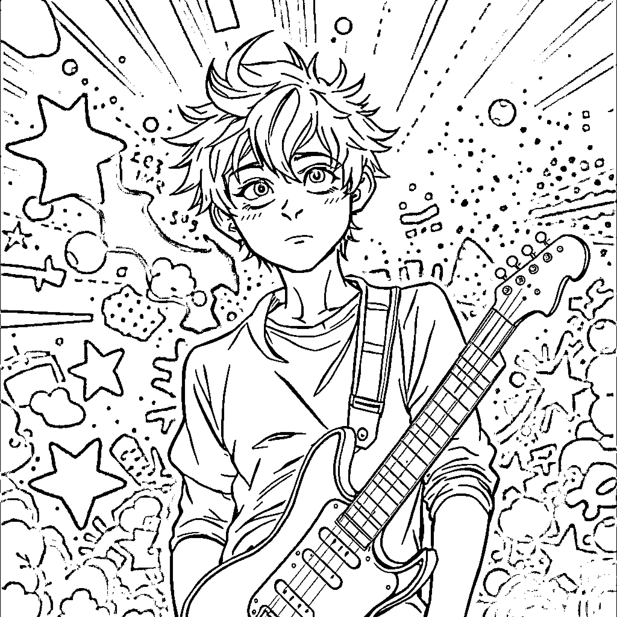 Scott Pilgrim's Artistic Expressions and Guitar Prowess Coloring Page (free black-and-white line drawing printable PDF for all, from beginners to advanced learners, including children, teens, adults, and seniors)