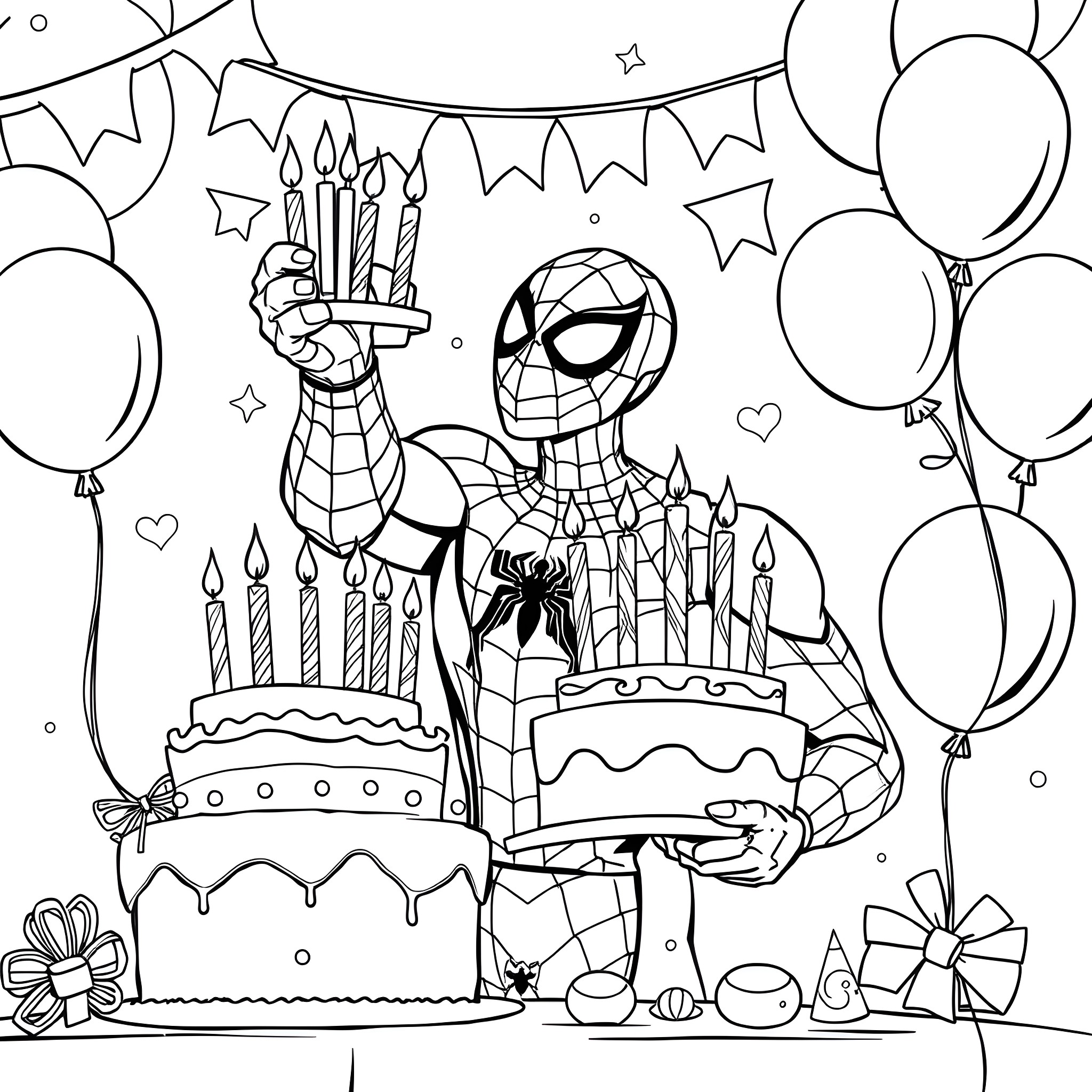 Spiderman celebrates birthday with cake and balloons Coloring Page (free black-and-white line drawing printable PDF for all, from beginners to advanced learners, including children, teens, adults, and seniors)