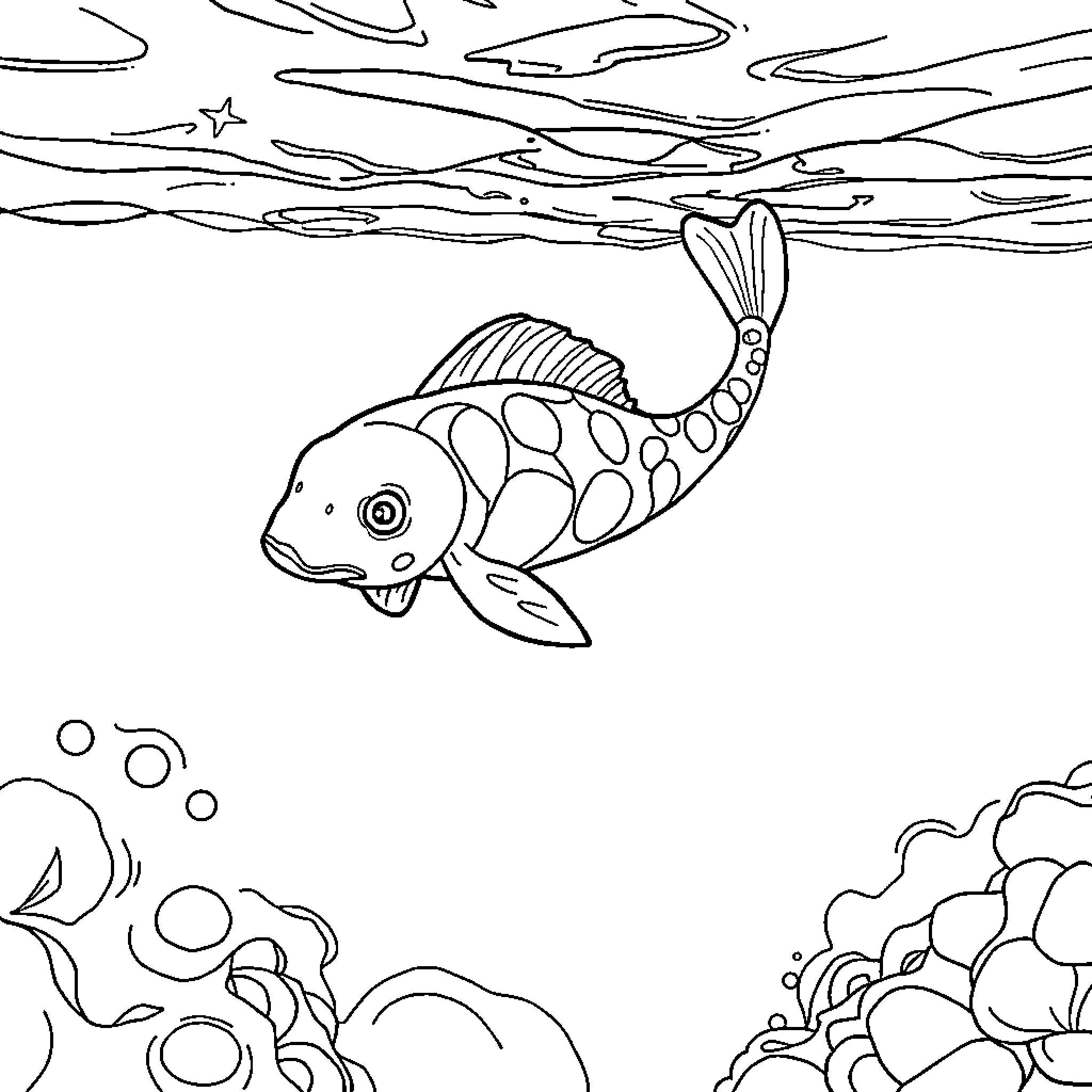 Axolotl swimming amidst underwater scenery Coloring Page (free black-and-white line drawing printable PDF for all, from beginners to advanced learners, including children, teens, adults, and seniors)