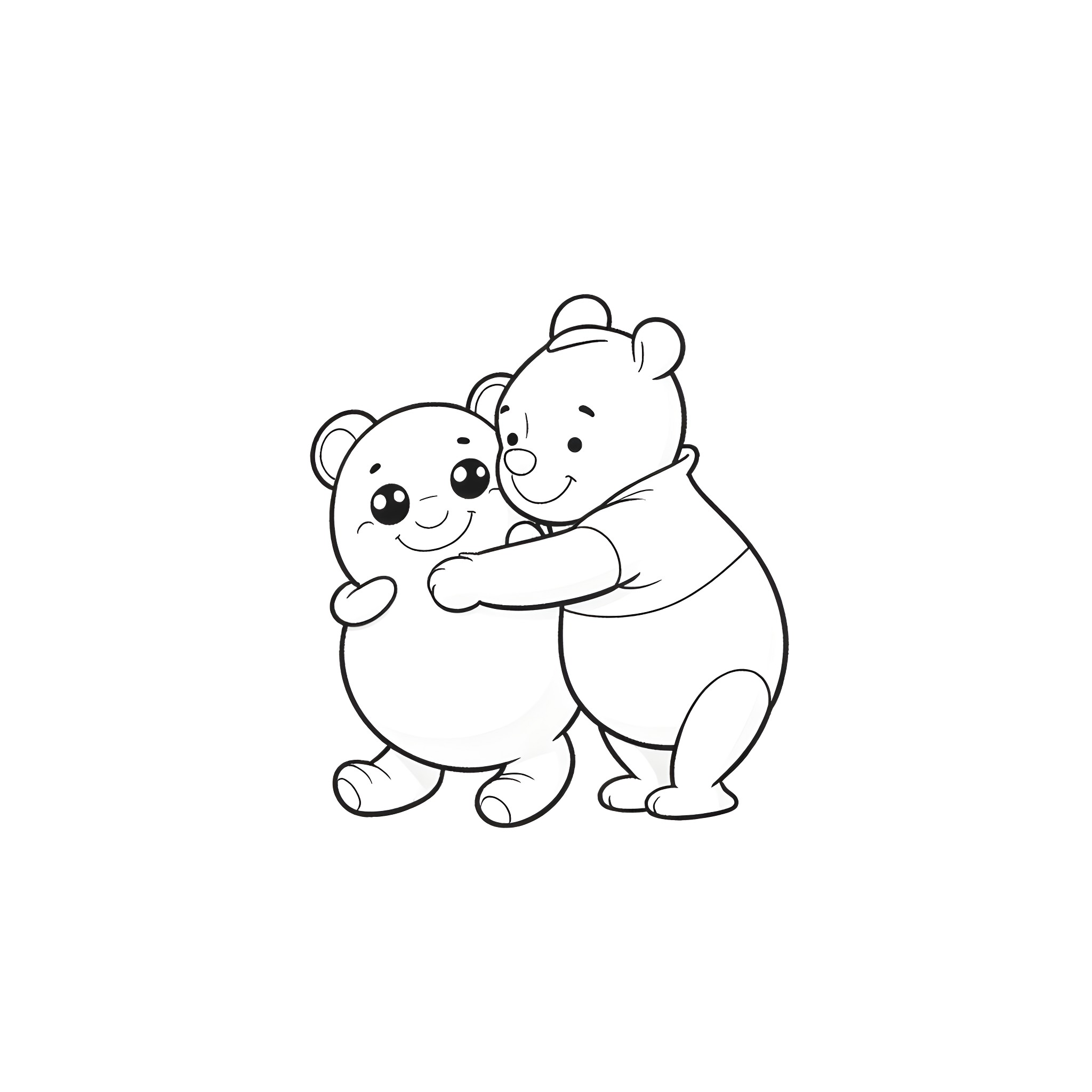 Winnie The Pooh characters embracing happily Coloring Page (free black-and-white line drawing printable PDF for all, from beginners to advanced learners, including children, teens, adults, and seniors)