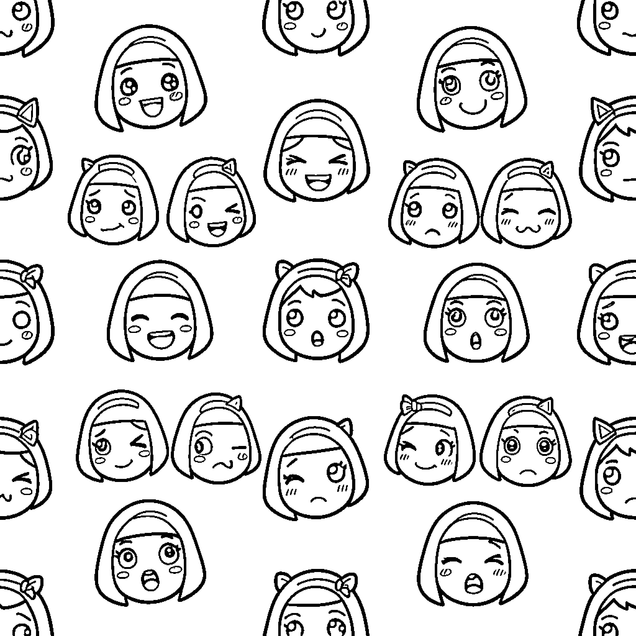 Miko characters showing various cute facial expressions Coloring Page (free black-and-white line drawing printable PDF for all, from beginners to advanced learners, including children, teens, adults, and seniors)