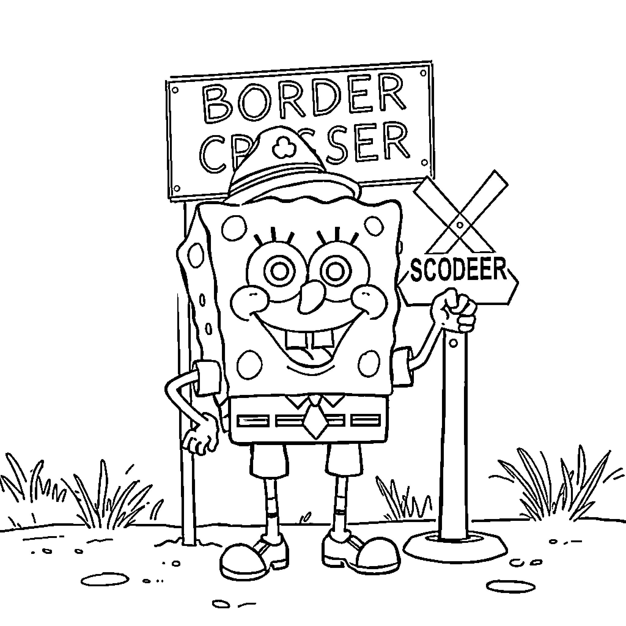 Spongebob at the border crossing checkpoint Coloring Page (free black-and-white line drawing printable PDF for all, from beginners to advanced learners, including children, teens, adults, and seniors)
