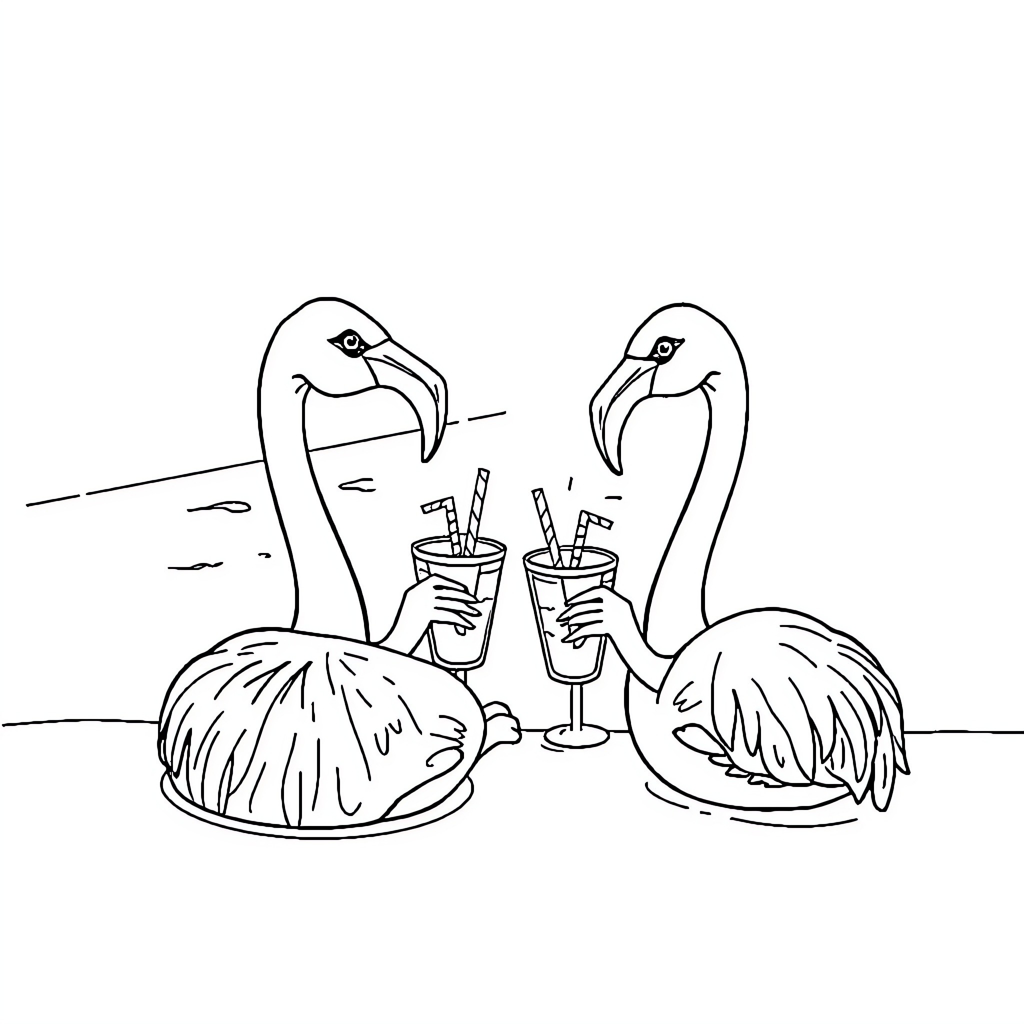 Flamingos enjoying tropical drinks on the beach Coloring Page (free black-and-white line drawing printable PDF for all, from beginners to advanced learners, including children, teens, adults, and seniors)