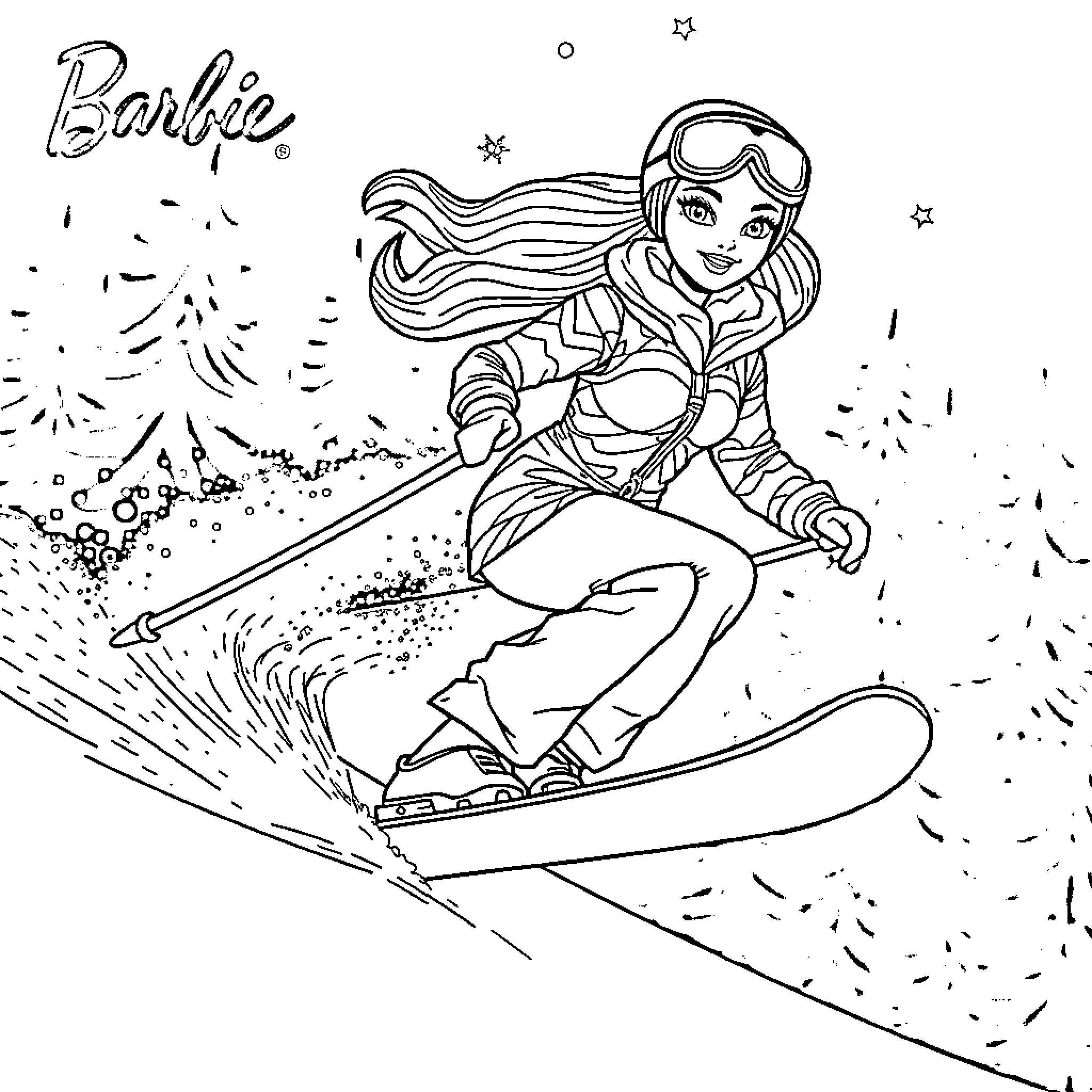 Barbie skiing through a snowy wonderland Coloring Page (free black-and-white line drawing printable PDF for all, from beginners to advanced learners, including children, teens, adults, and seniors)