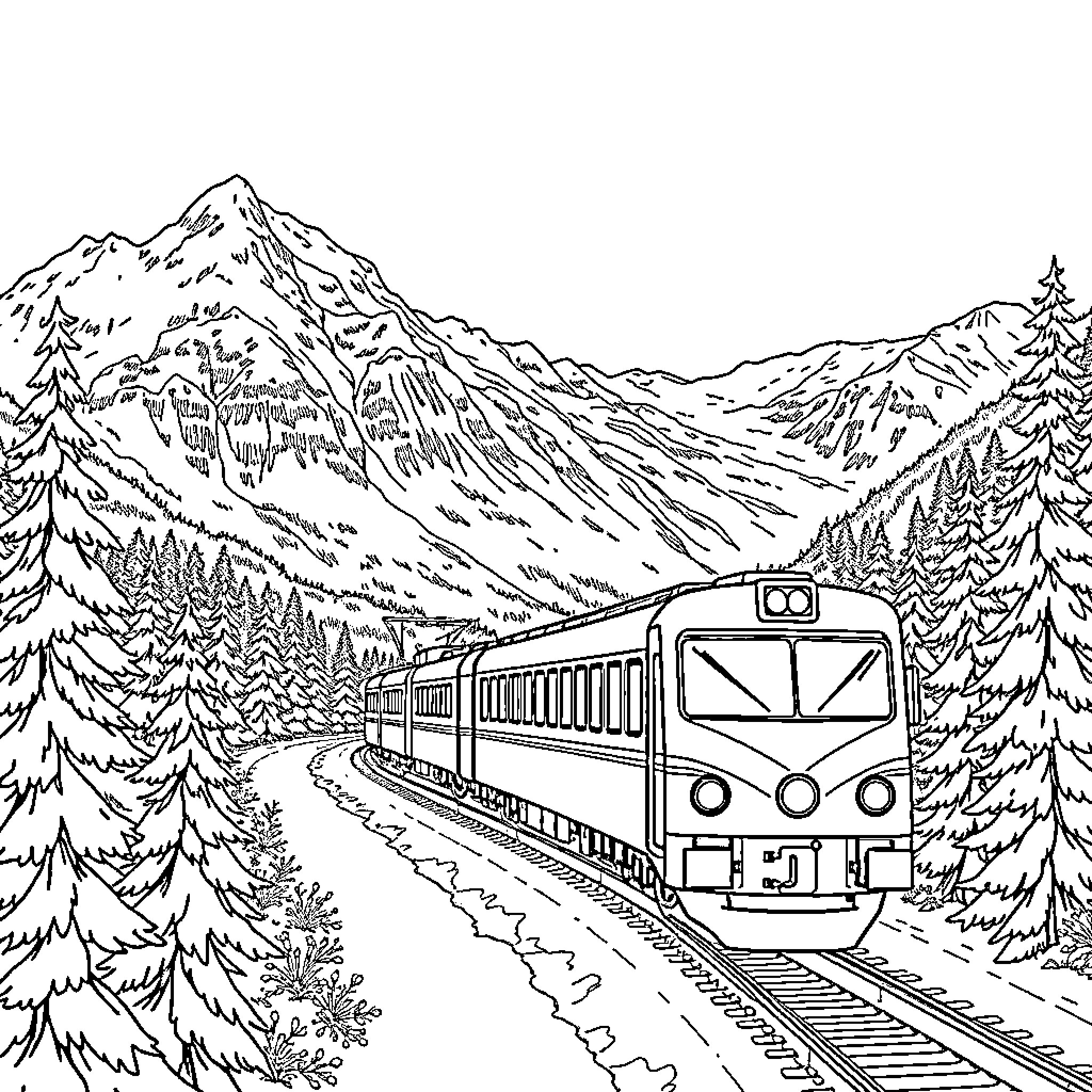 Train traveling through scenic mountain landscape Coloring Page (free black-and-white line drawing printable PDF for all, from beginners to advanced learners, including children, teens, adults, and seniors)