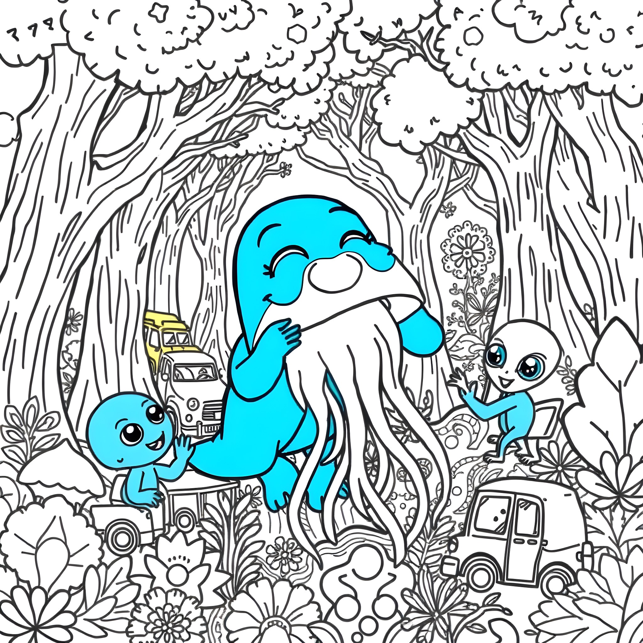 Bluey and friends explore the enchanted forest Coloring Page (free black-and-white line drawing printable PDF for all, from beginners to advanced learners, including children, teens, adults, and seniors)