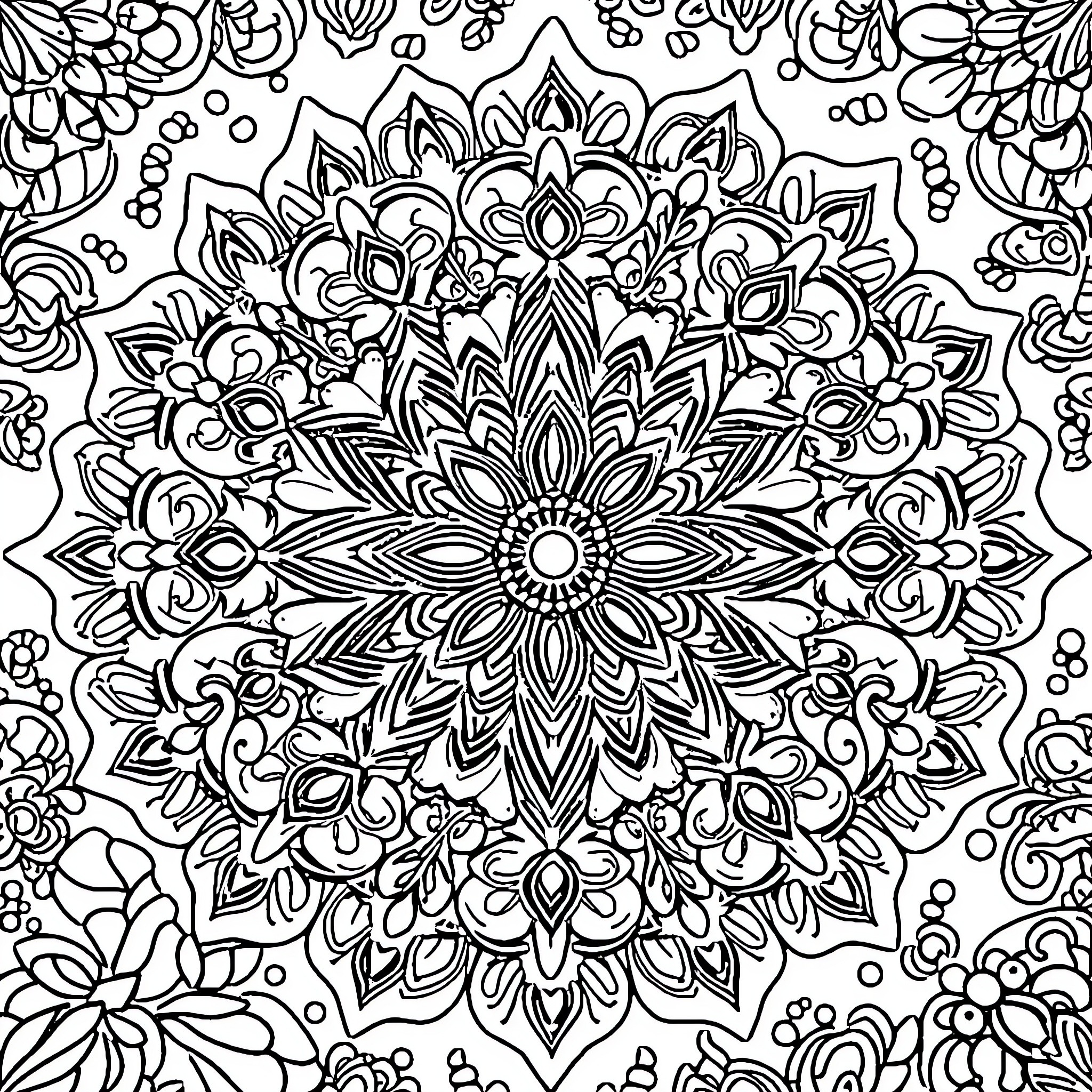 Stress Relief Floral Mandala Design Coloring Page (free black-and-white line drawing printable PDF for all, from beginners to advanced learners, including children, teens, adults, and seniors)