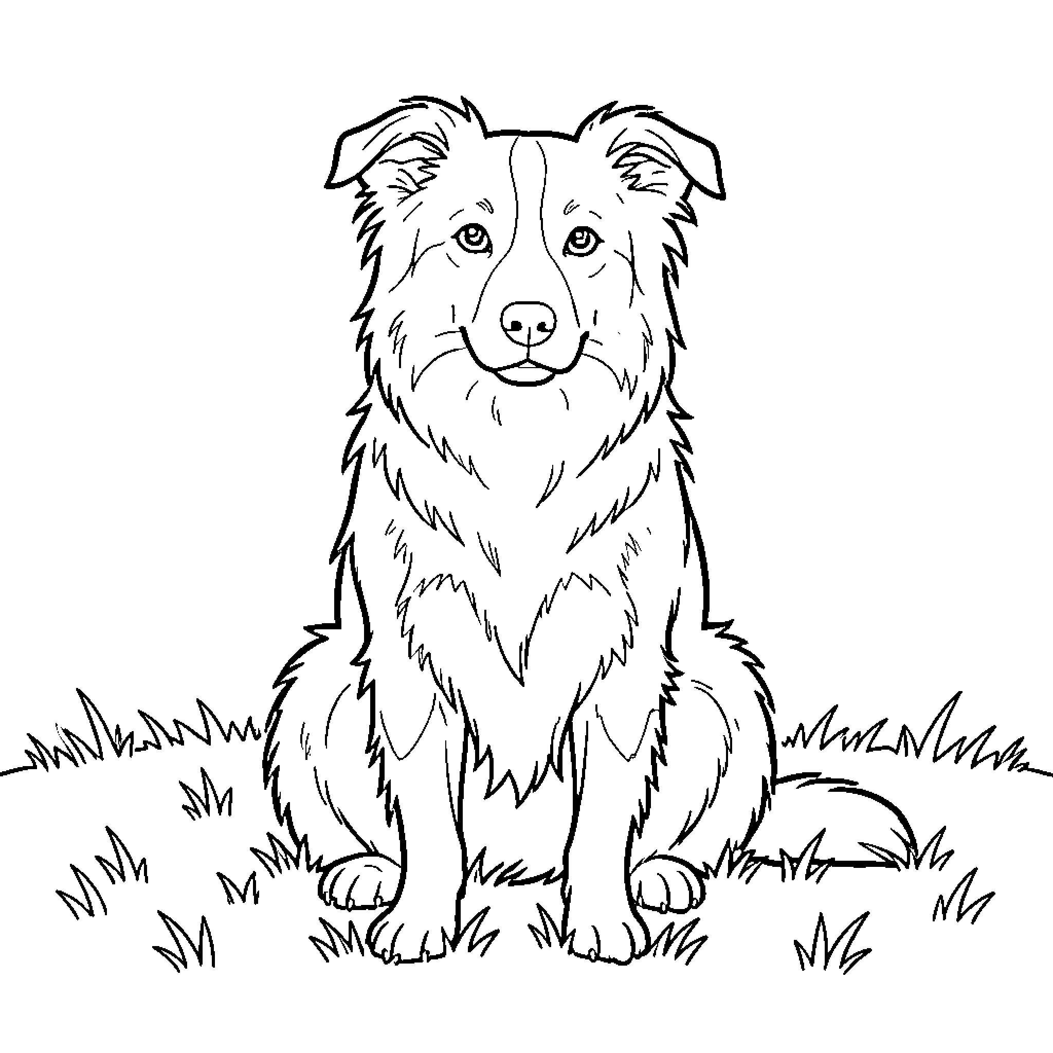 Border Collie sitting calmly in the grass Coloring Page (free black-and-white line drawing printable PDF for all, from beginners to advanced learners, including children, teens, adults, and seniors)