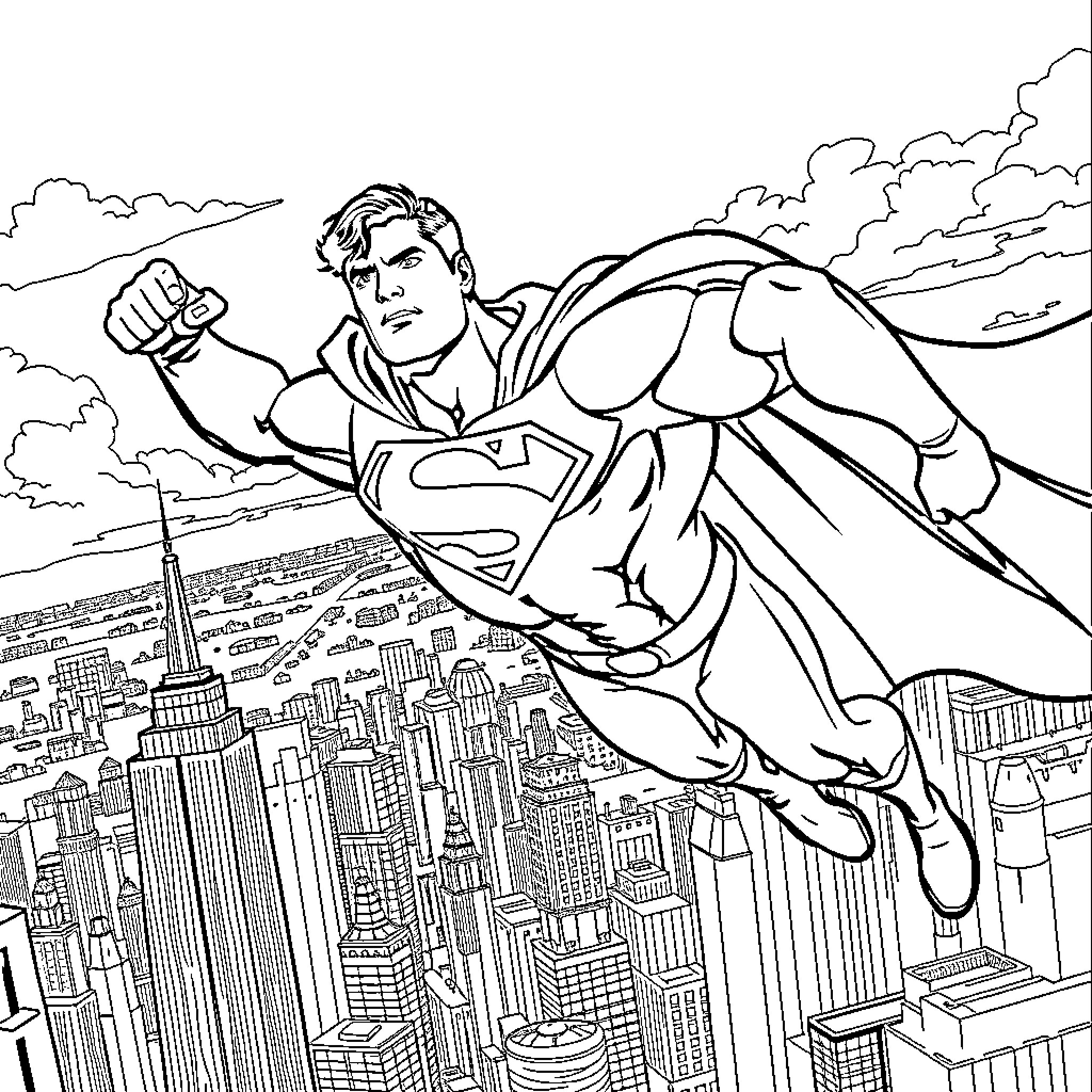 Superman soaring over the city with heroic pose Coloring Page (free black-and-white line drawing printable PDF for all, from beginners to advanced learners, including children, teens, adults, and seniors)