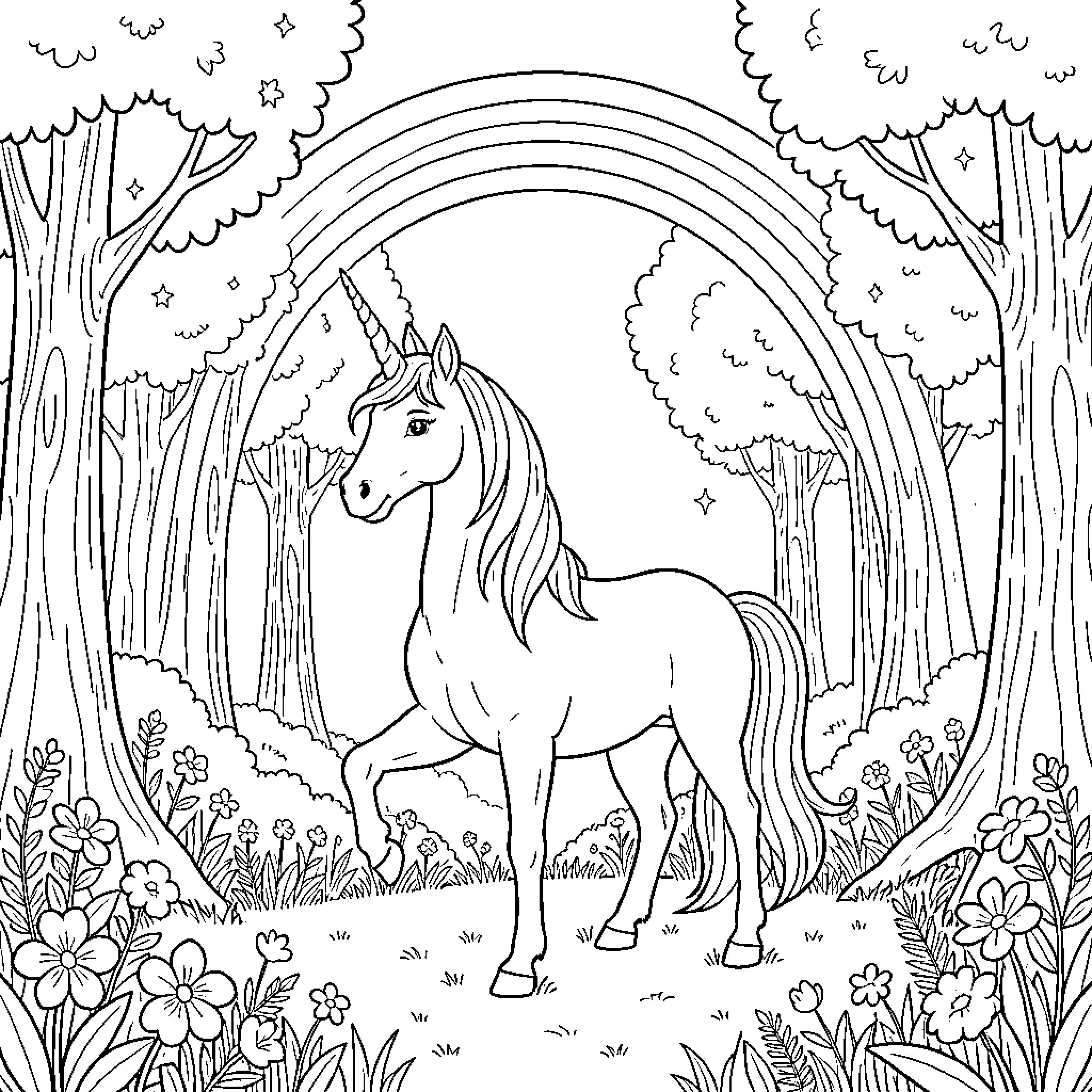 Unicorn standing majestically in a magical forest Coloring Page (free black-and-white line drawing printable PDF for all, from beginners to advanced learners, including children, teens, adults, and seniors)