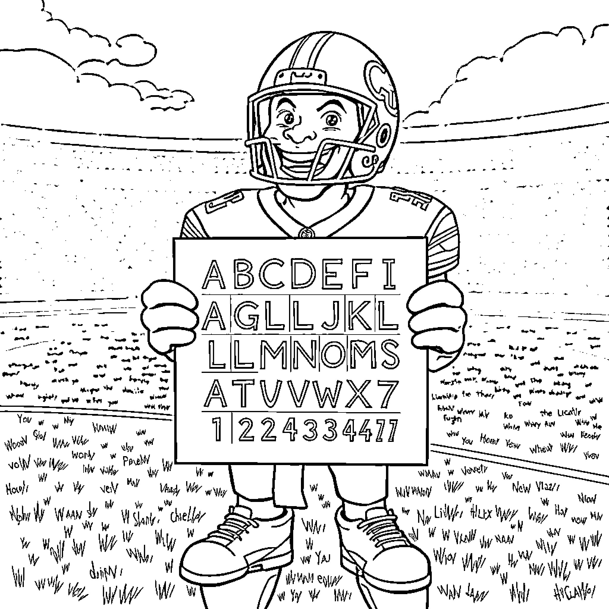 Lion player holding alphabet sign on field Coloring Page (free black-and-white line drawing printable PDF for all, from beginners to advanced learners, including children, teens, adults, and seniors)