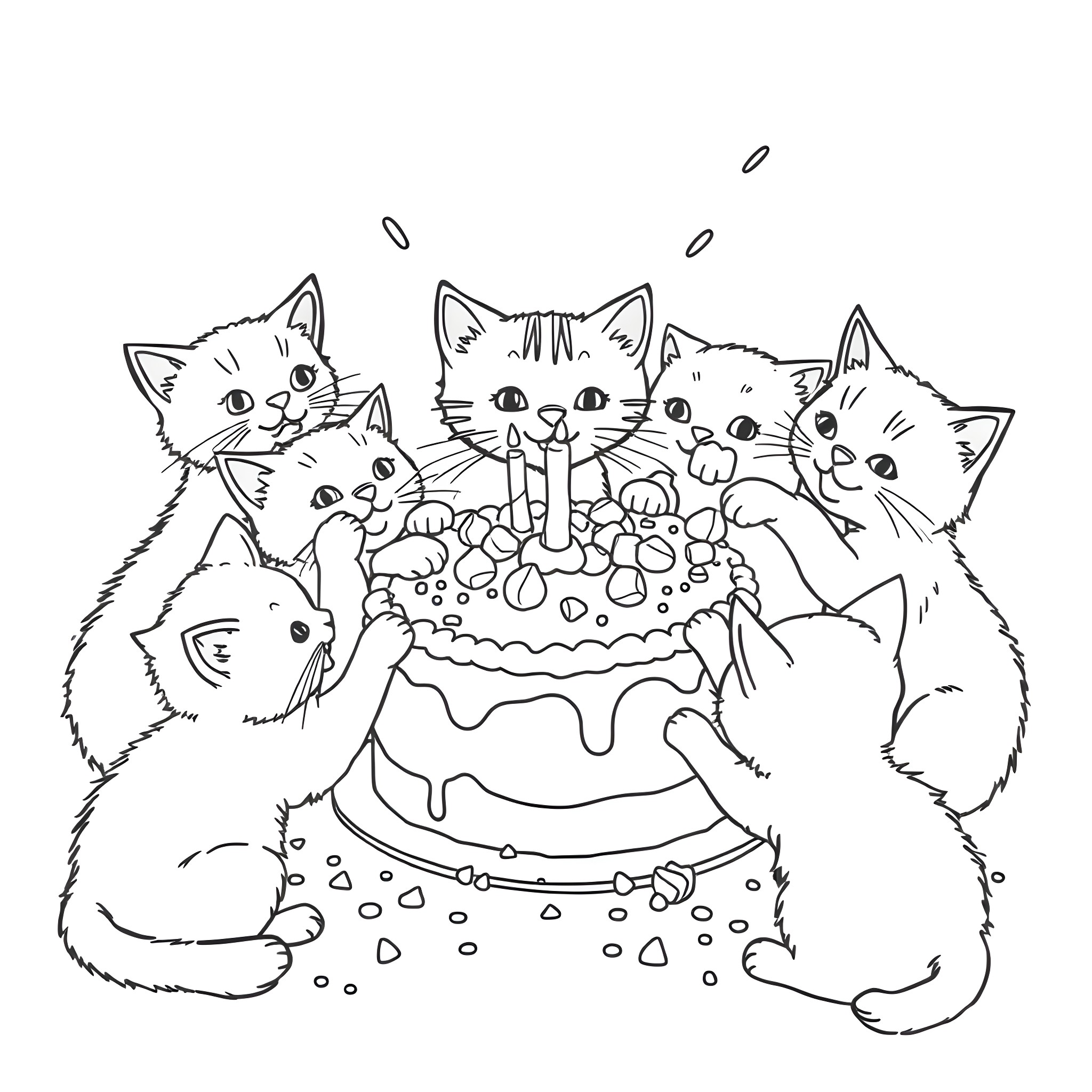 Cats celebrating with a birthday cake Coloring Page (free black-and-white line drawing printable PDF for all, from beginners to advanced learners, including children, teens, adults, and seniors)