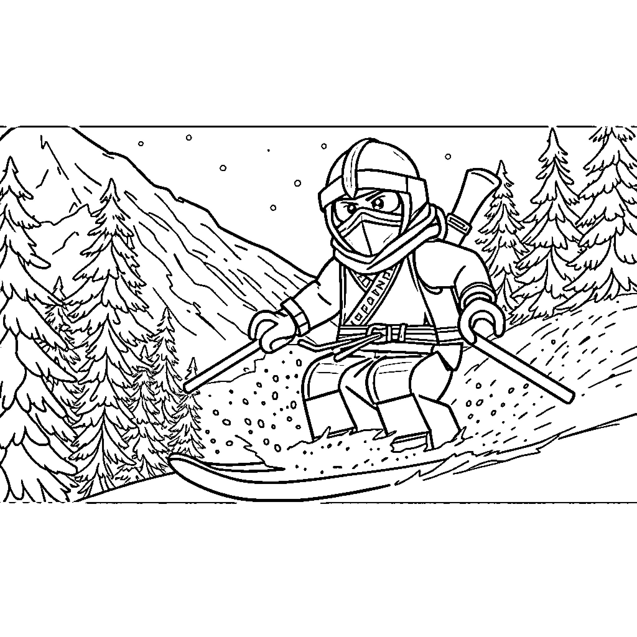 Lego Ninja Skiing Down Snowy Mountain Coloring Page (free black-and-white line drawing printable PDF for all, from beginners to advanced learners, including children, teens, adults, and seniors)