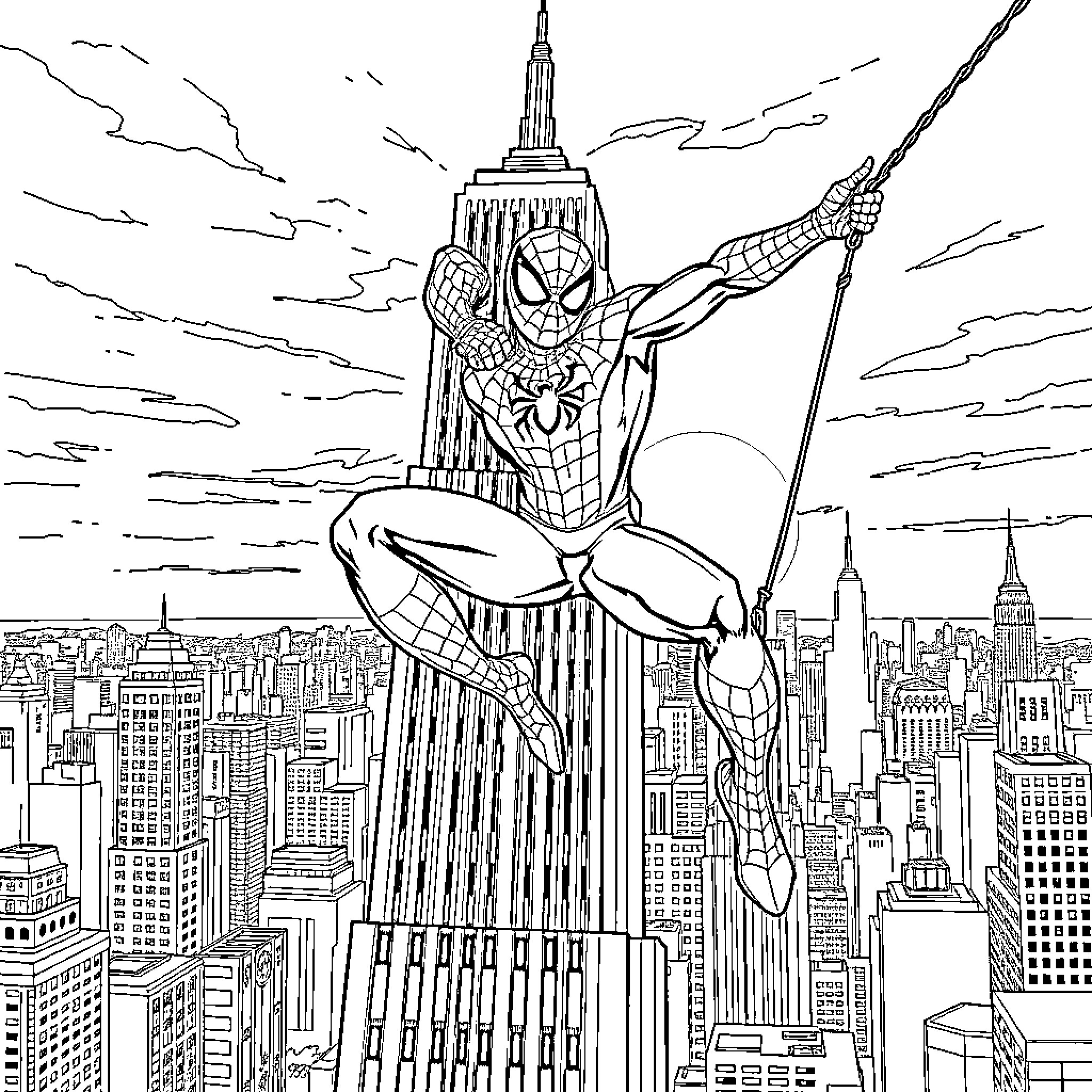 Spiderman swinging over the city skyline Coloring Page (free black-and-white line drawing printable PDF for all, from beginners to advanced learners, including children, teens, adults, and seniors)