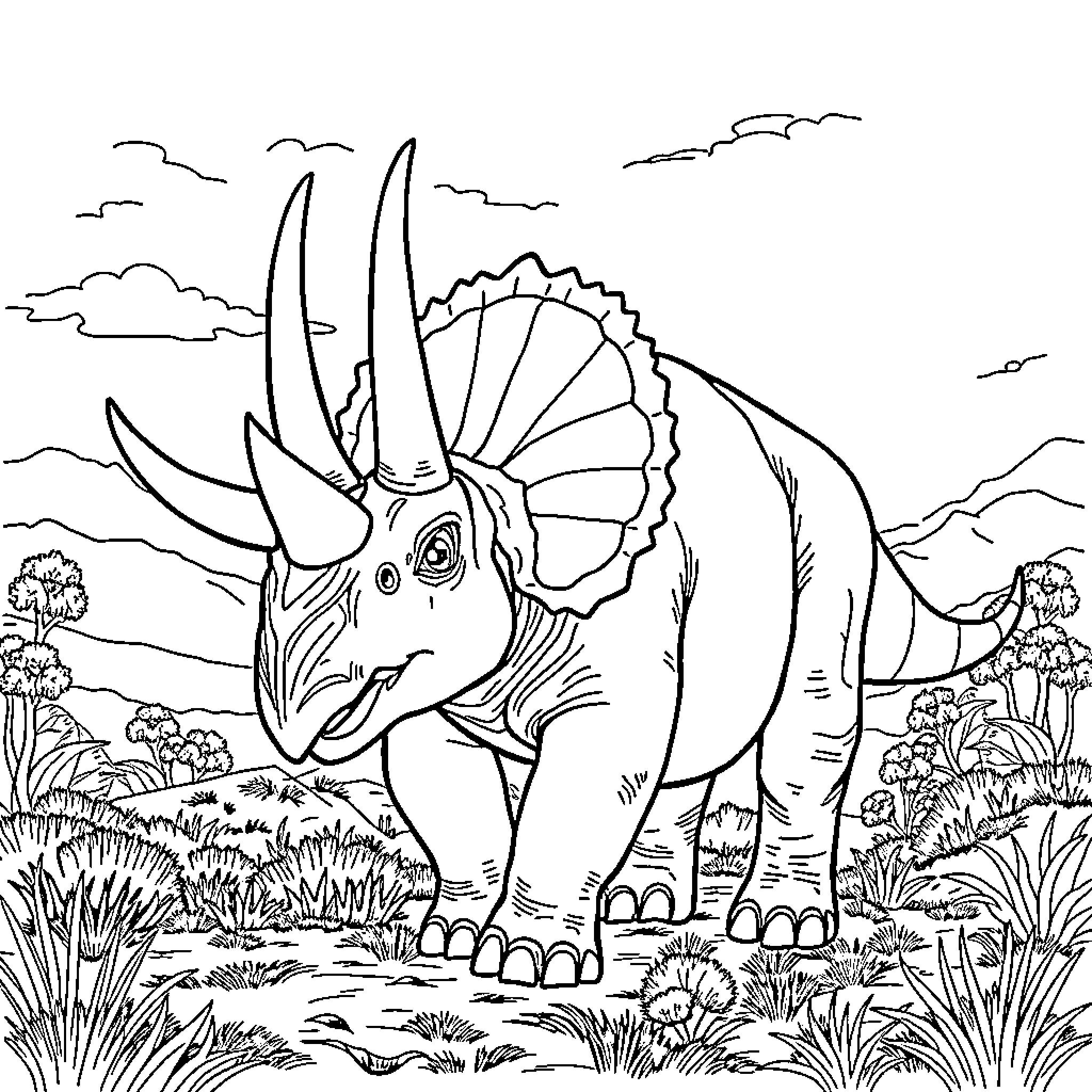 Triceratops roaming through the prehistoric landscape Coloring Page (free black-and-white line drawing printable PDF for all, from beginners to advanced learners, including children, teens, adults, and seniors)